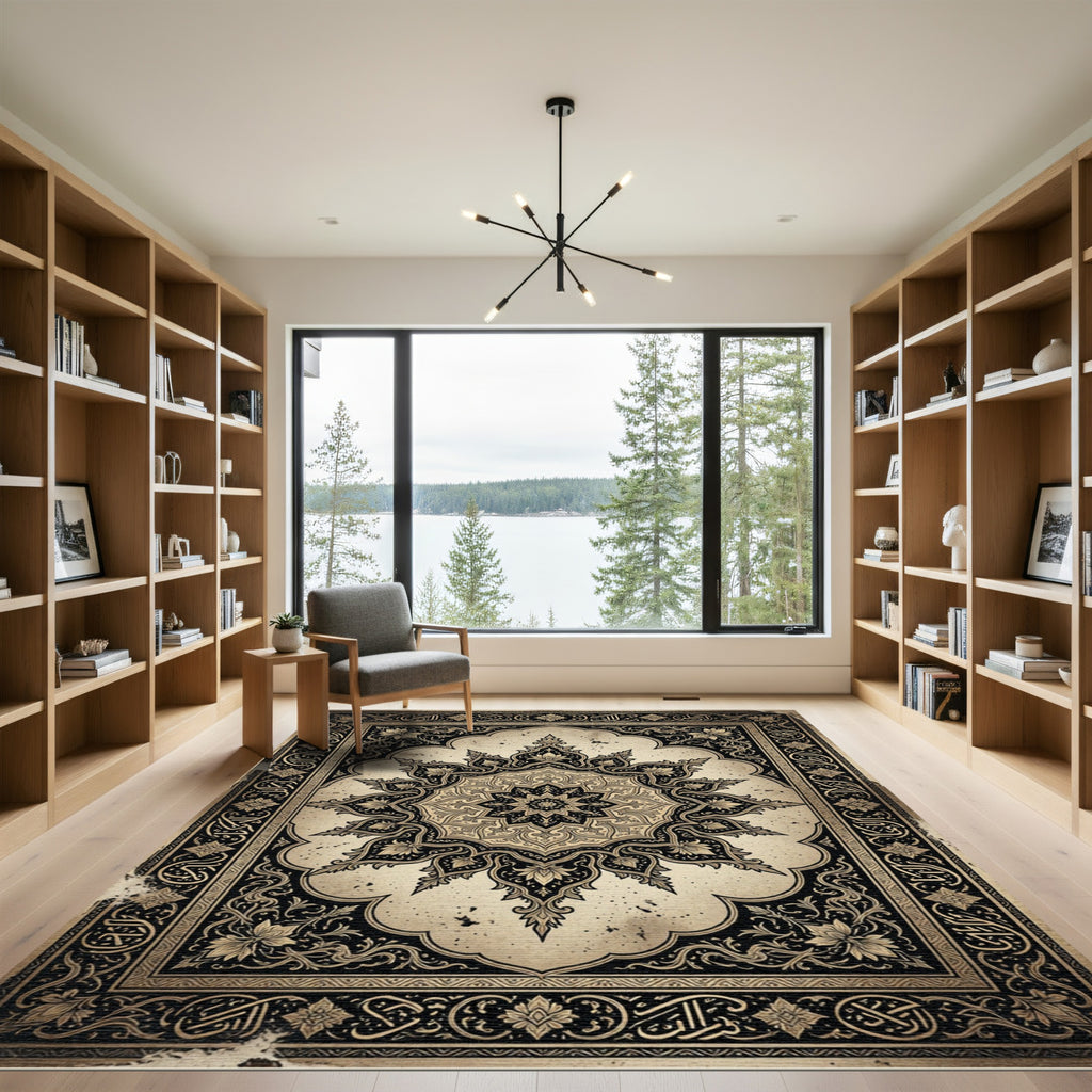 Elegant Charcoal Black Baroque Medallion Rug