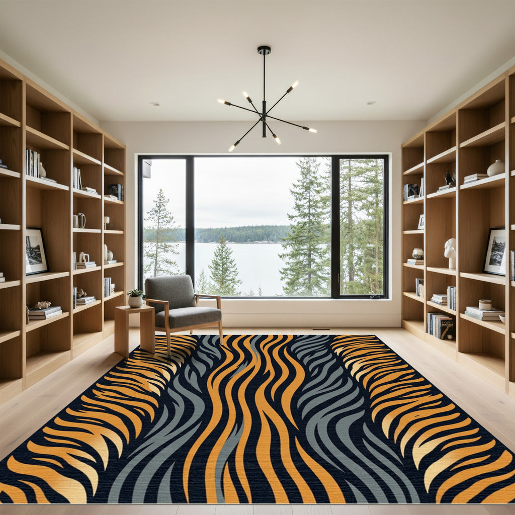 Golden Amber Charcoal Wavy Striped Art Rug