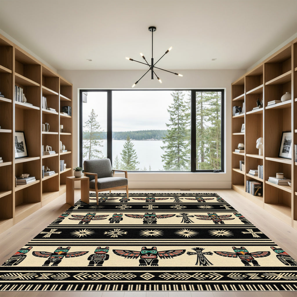 Black and Cream Totem Striped Art Rug