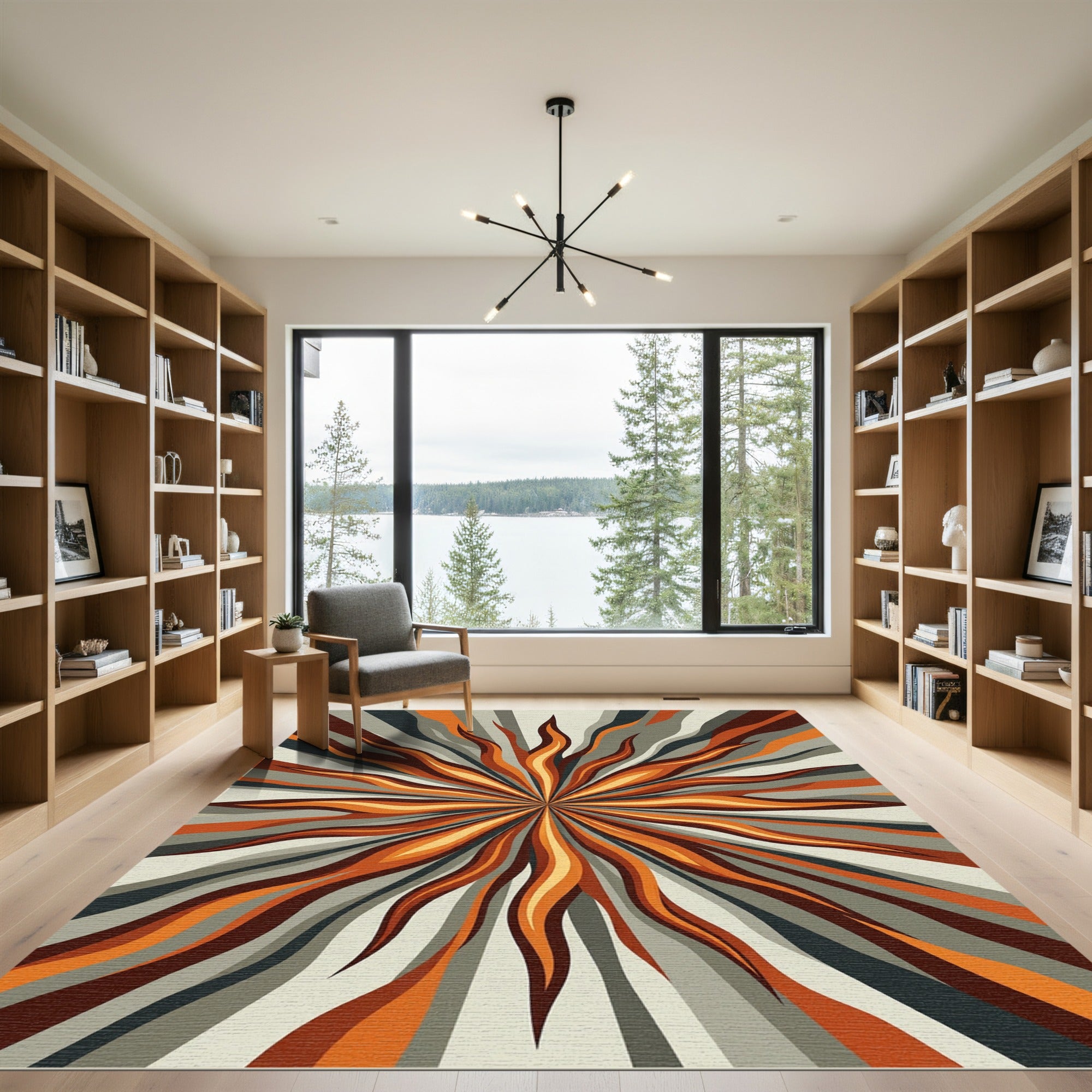Radiating Orange Flame Sunburst Rug