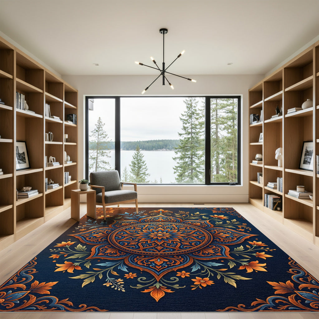 Intricate Floral Medallion Blue Orange Rug