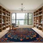 Intricate Floral Medallion Blue Orange Rug