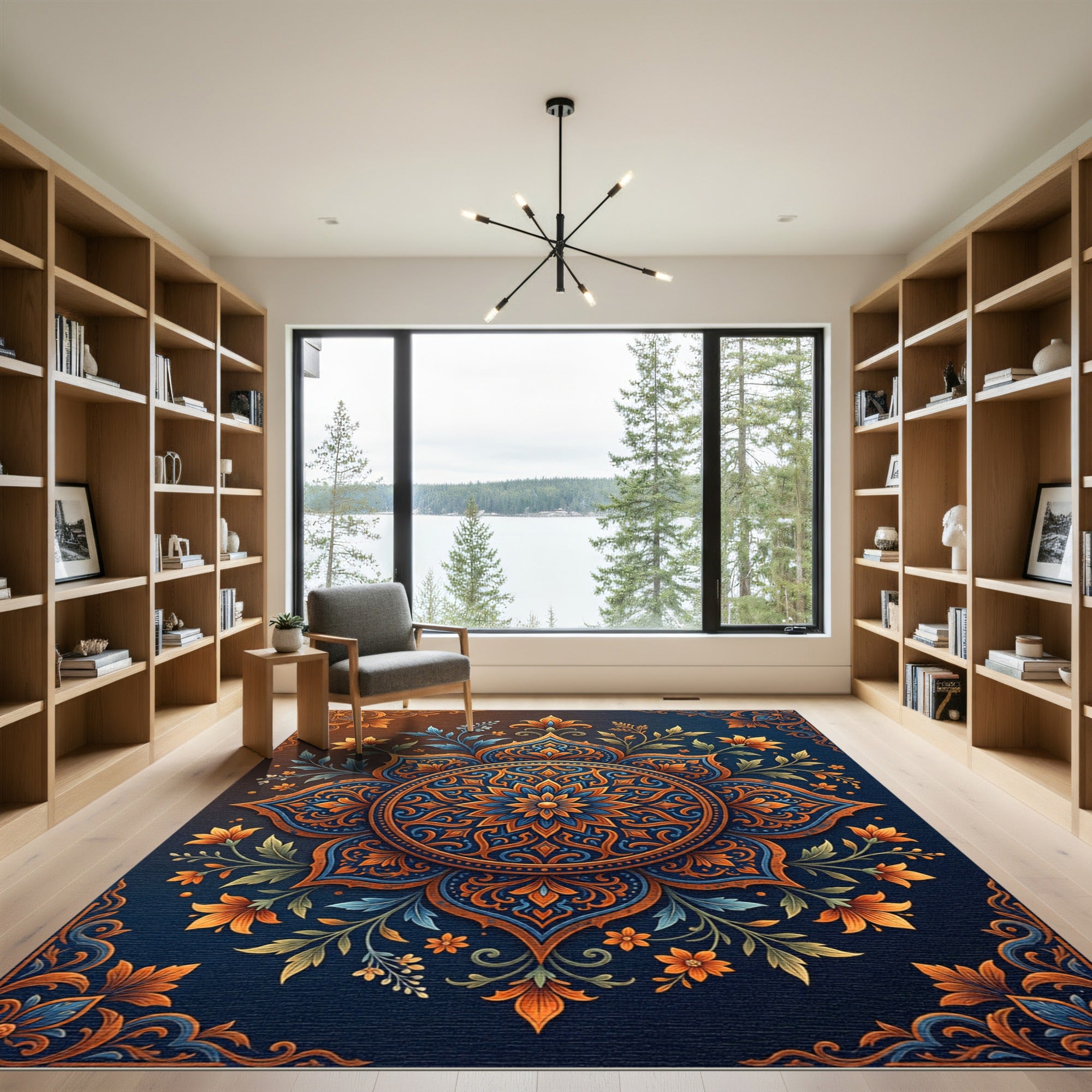 Intricate Floral Medallion Blue Orange Rug