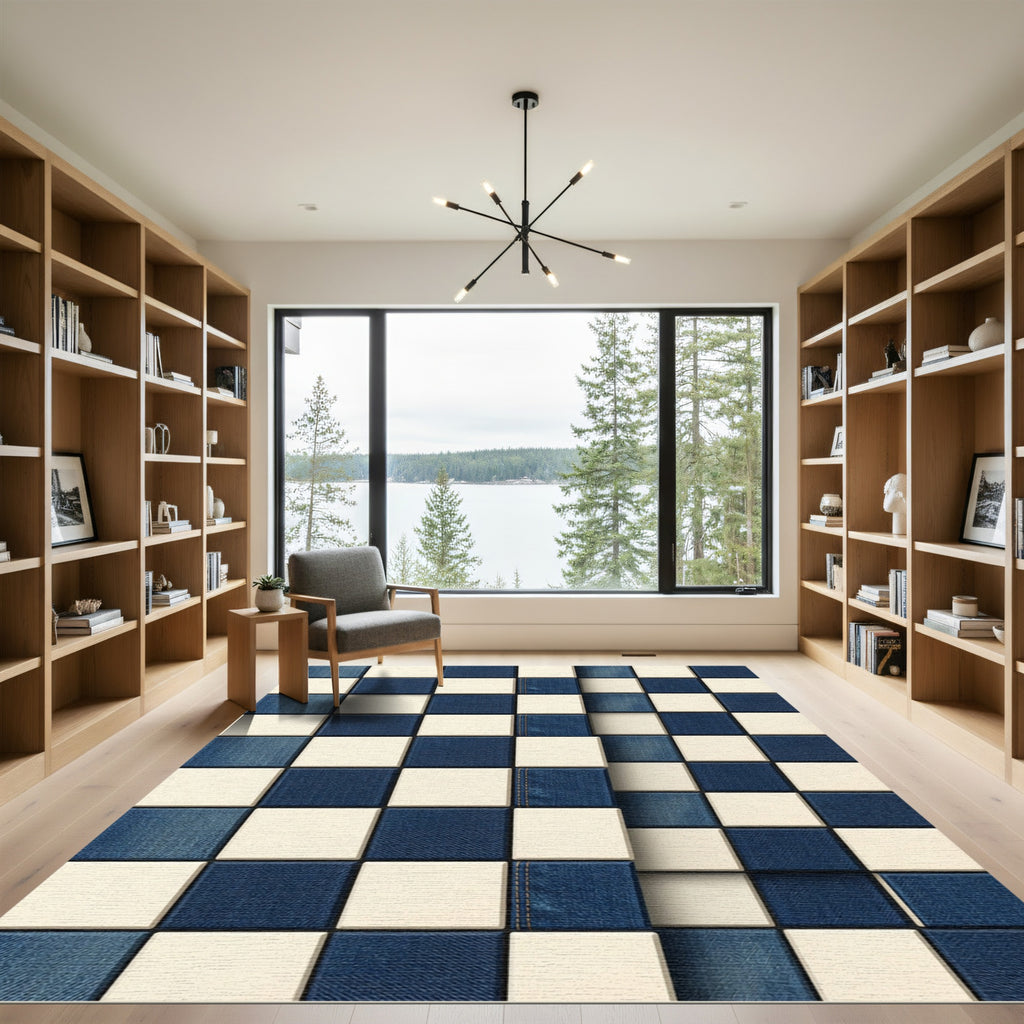 Denim Off White Square Check Rug