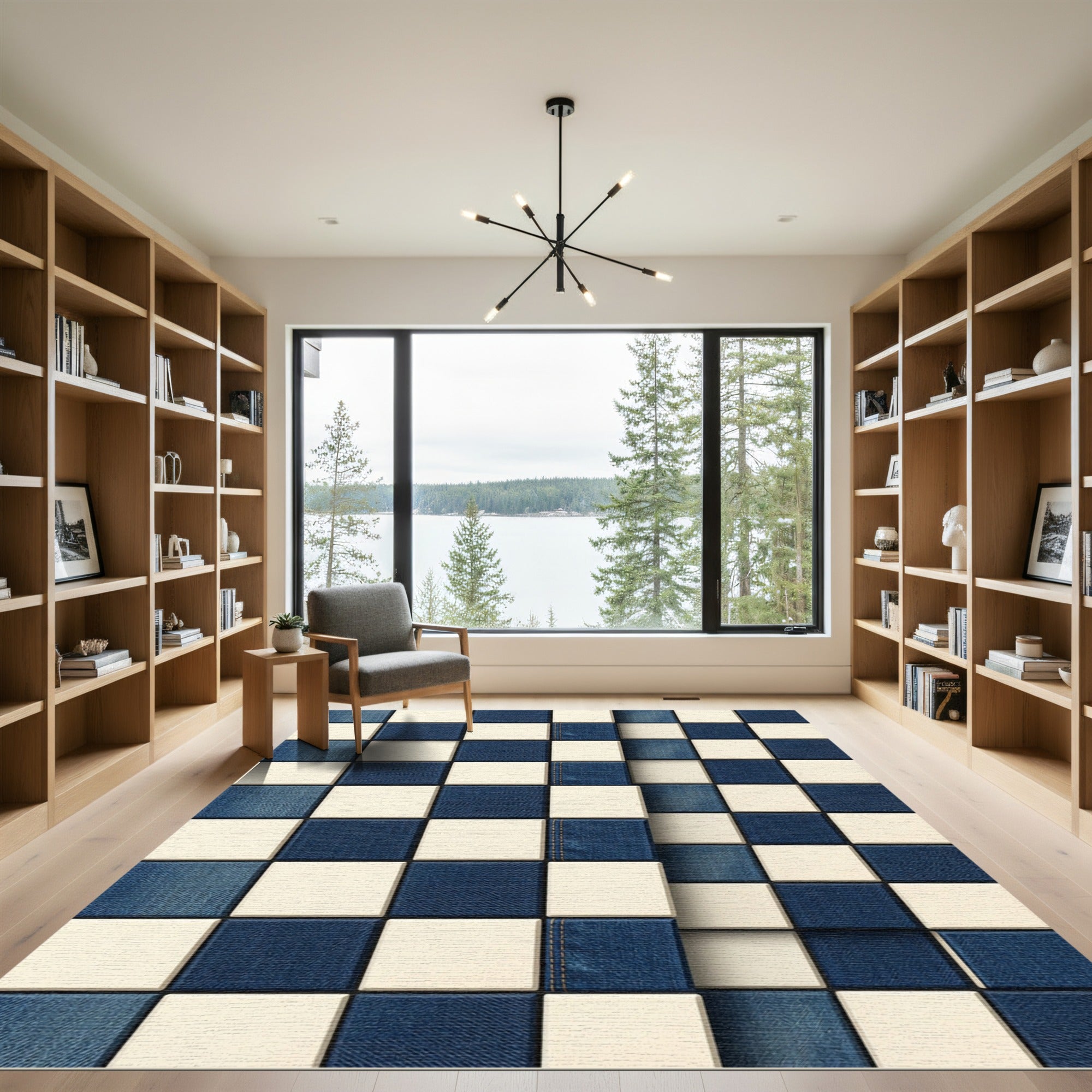 Denim Off White Square Check Rug