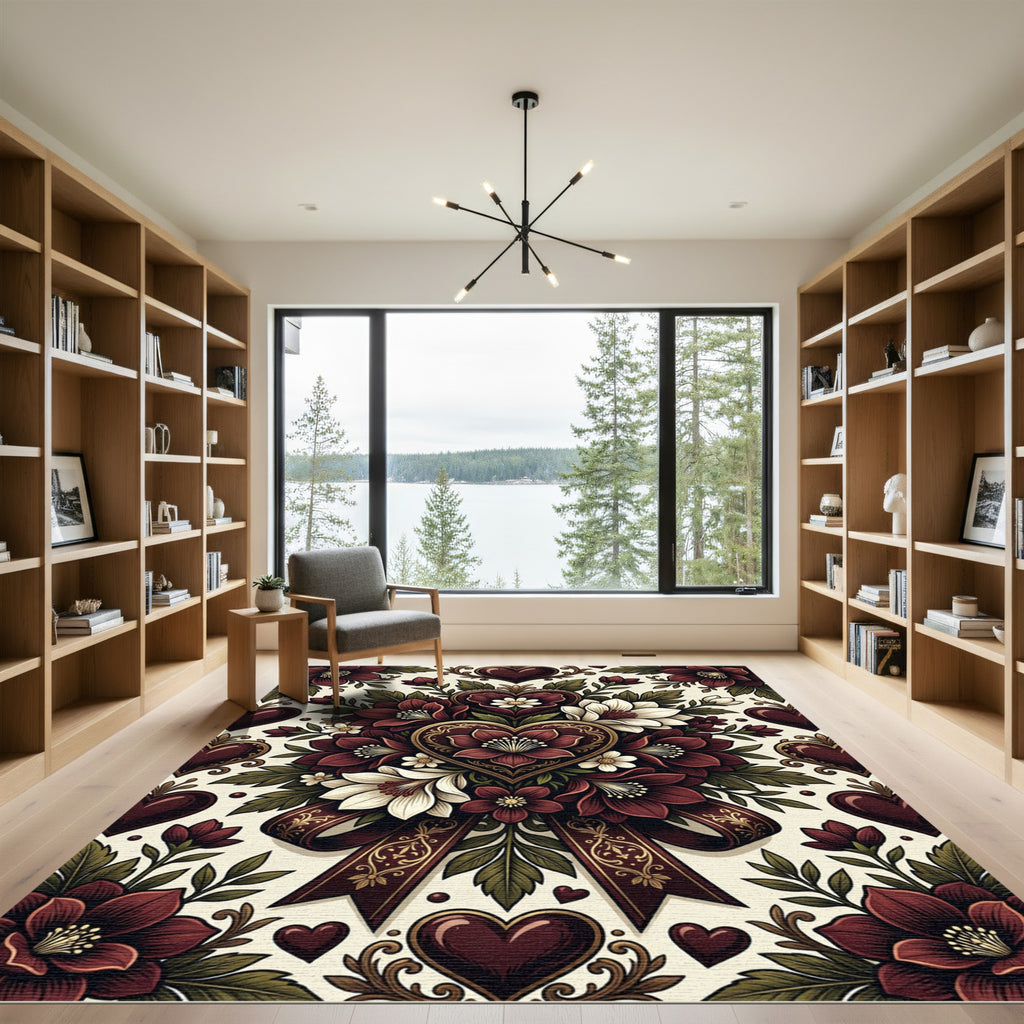 Burgundy Heart Floral Ribbon Display Rug