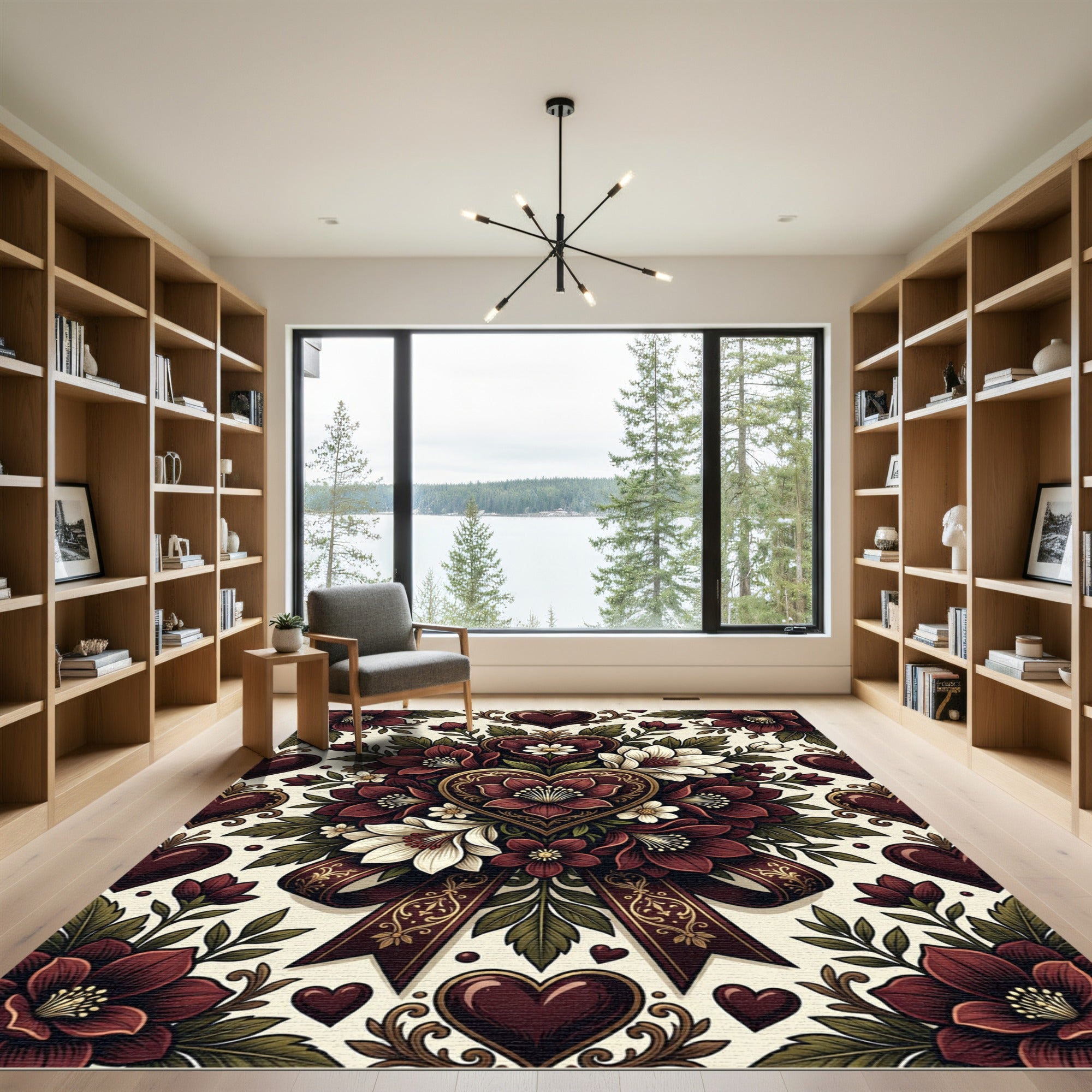 Burgundy Heart Floral Ribbon Display Rug