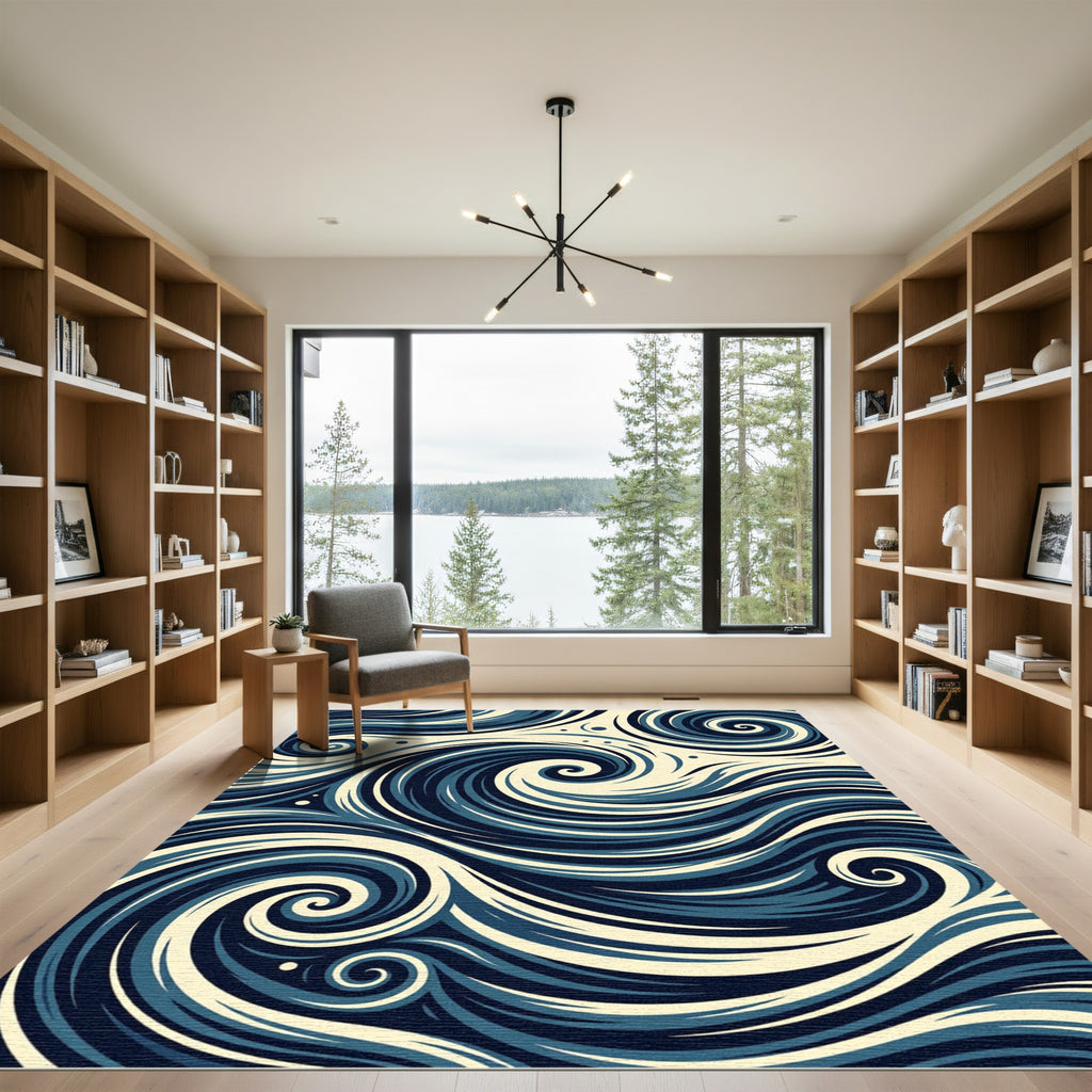 Deep Blue Swirls Ocean Wave Rug