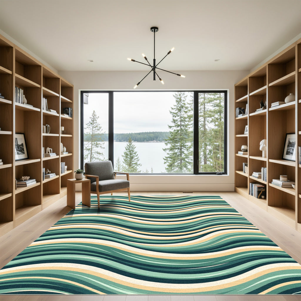Teal Yellow Cream Flowing Lines Rug