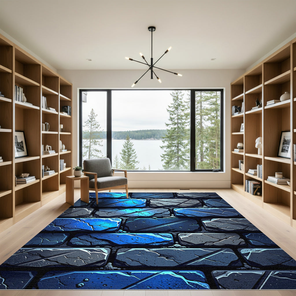 Deep Blue Stone Brick Effect Rug