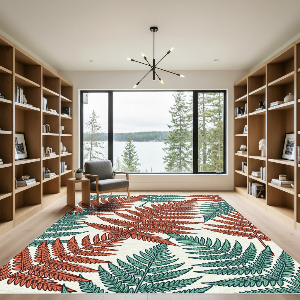 Botanical Copper and Teal Fern Foliage Rug