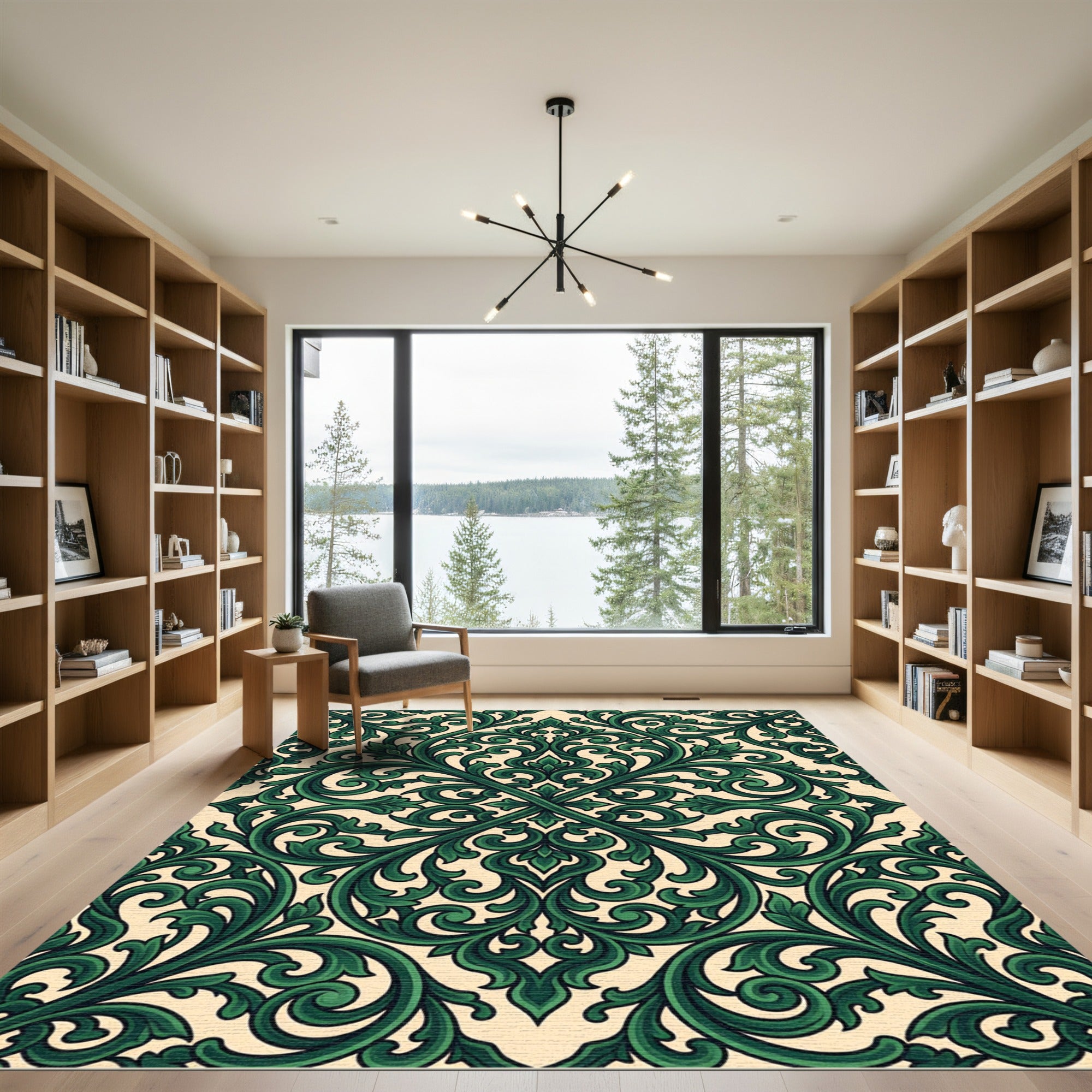 Emerald Verdant Scroll Baroque Damask Rug