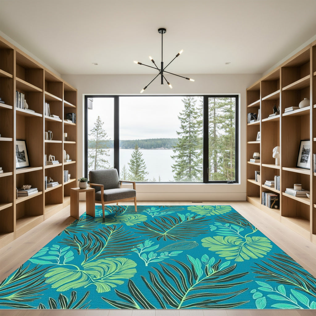 Teal Tropical Leafy Botanical Garden Rug