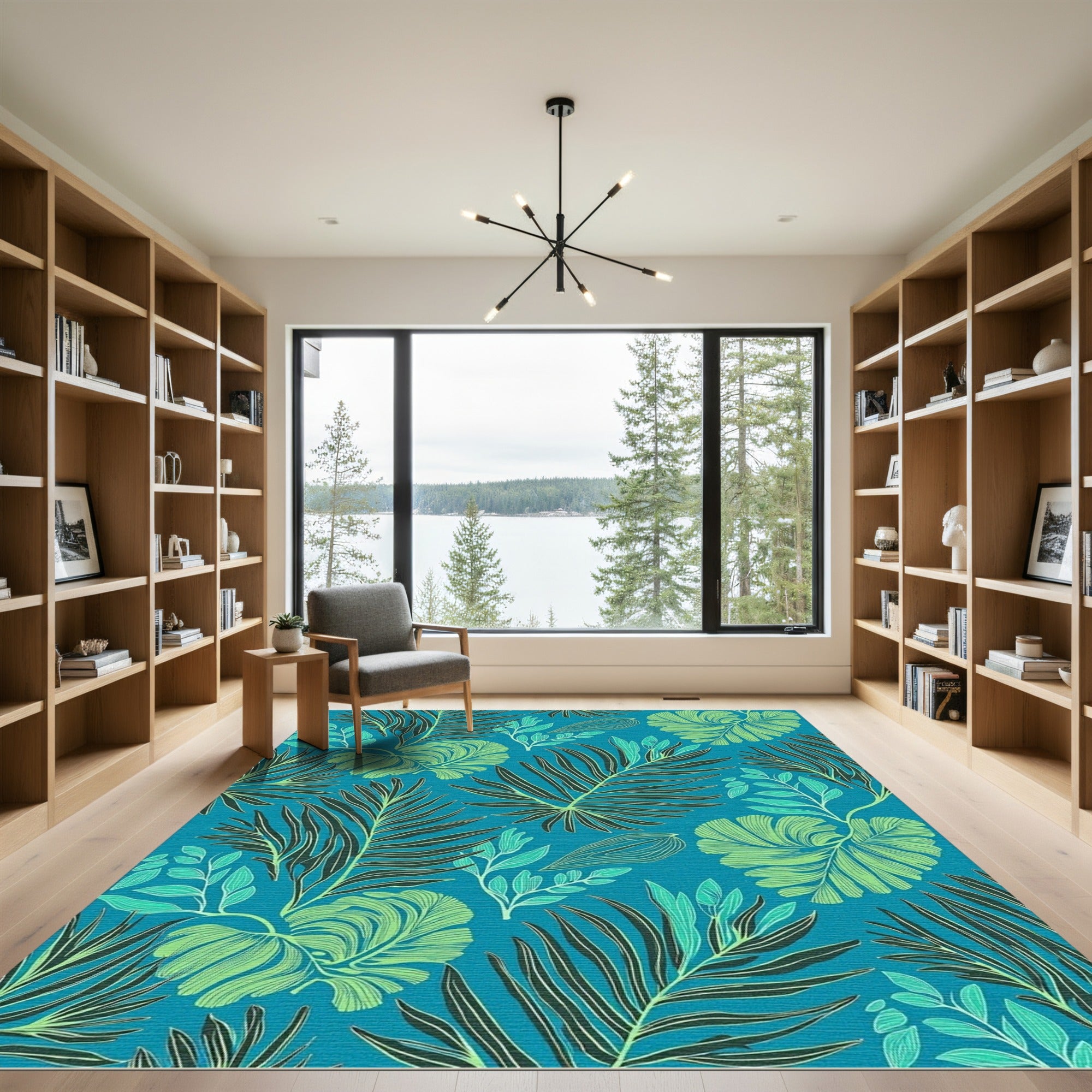 Teal Tropical Leafy Botanical Garden Rug