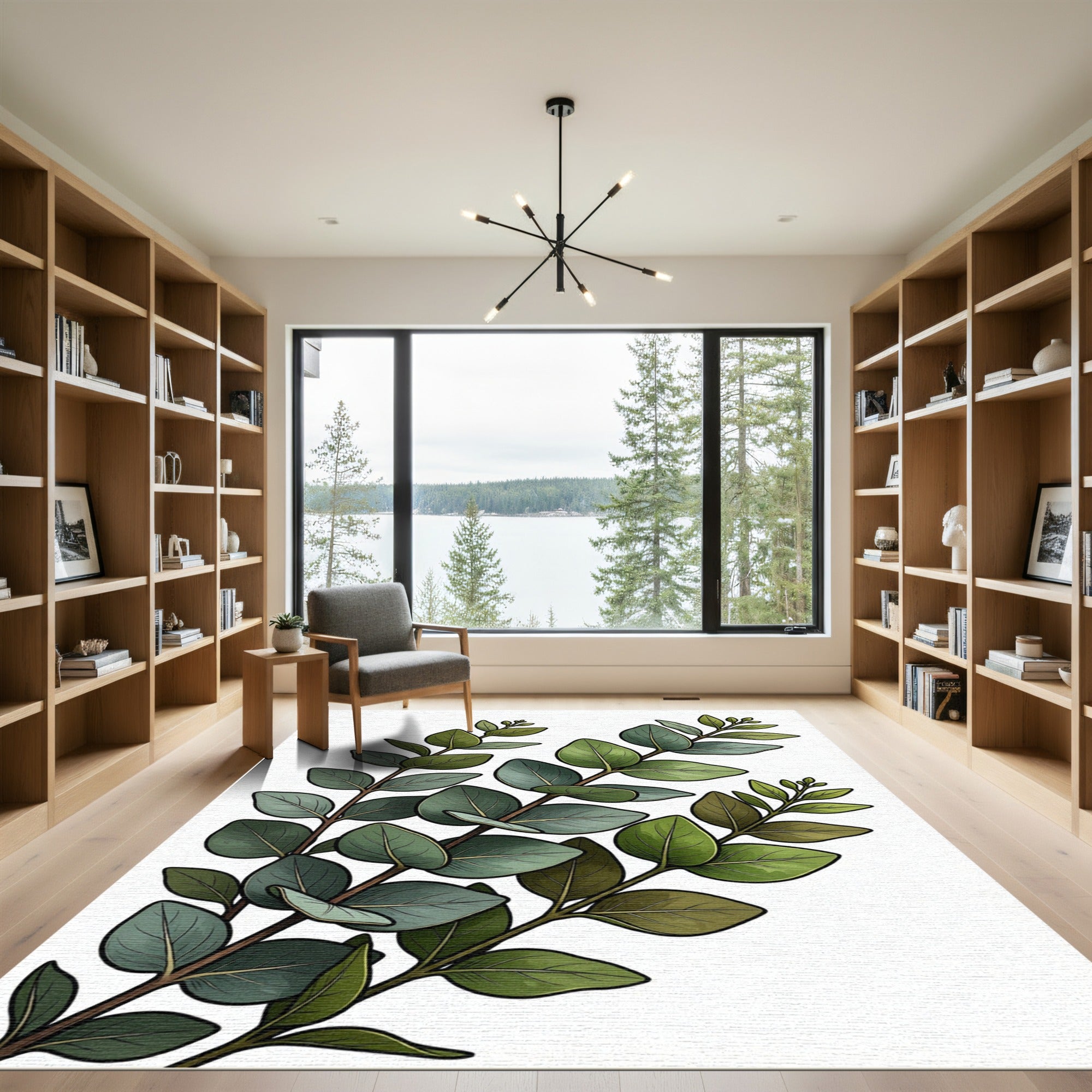 Earthy Green Eucalyptus Botanical Branch Rug