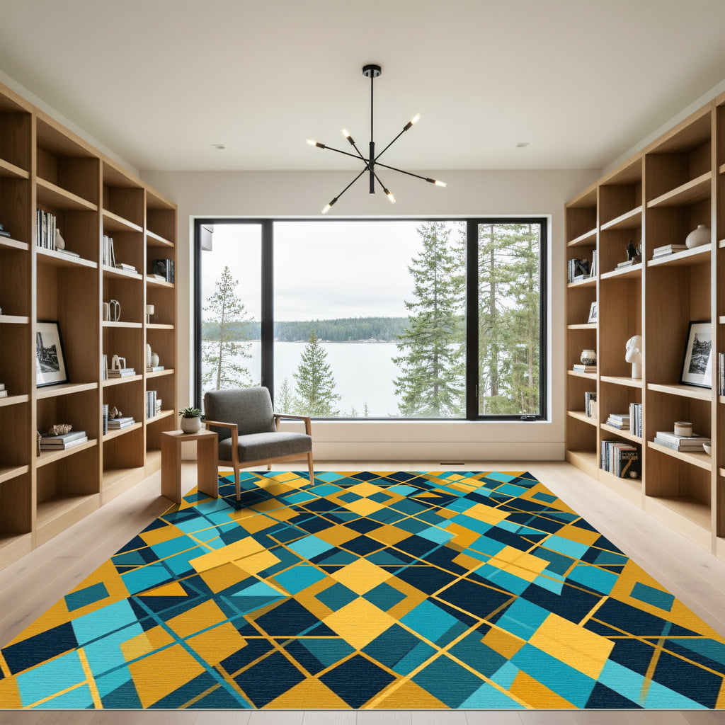 Deep Teal Gold Diamond Overlay Rug