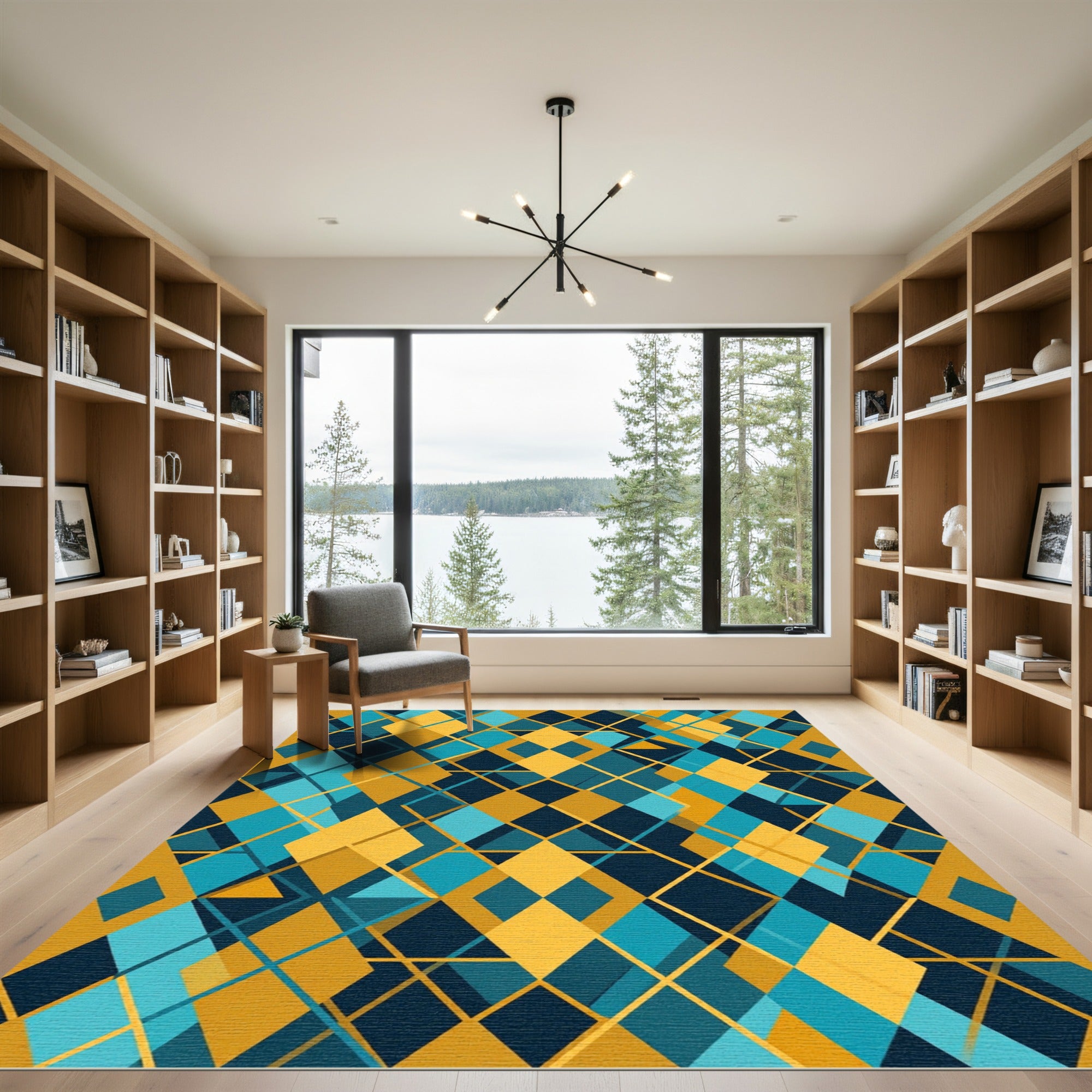 Deep Teal Gold Diamond Overlay Rug