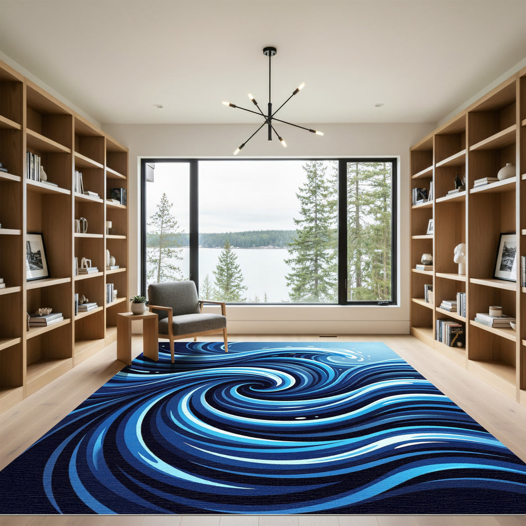 Deep Blue Swirl Wave Graphic Rug