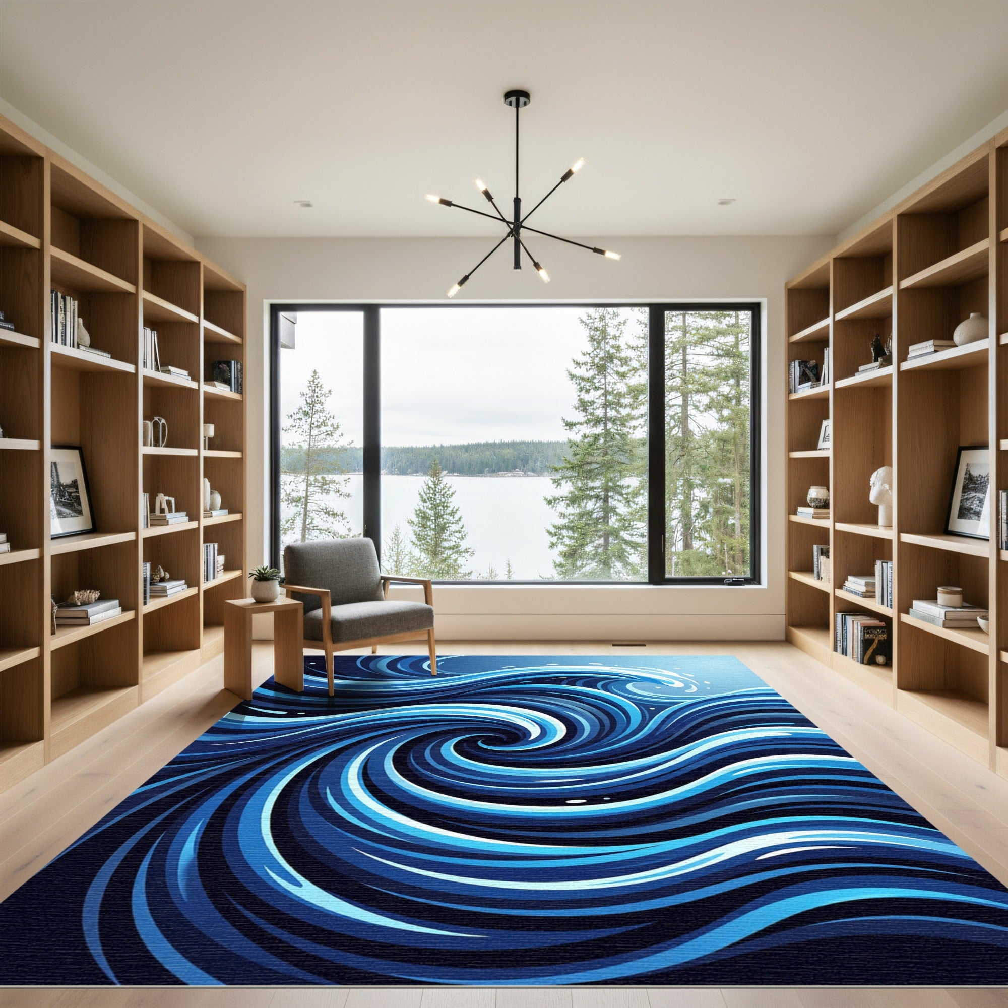Deep Blue Swirl Wave Graphic Rug