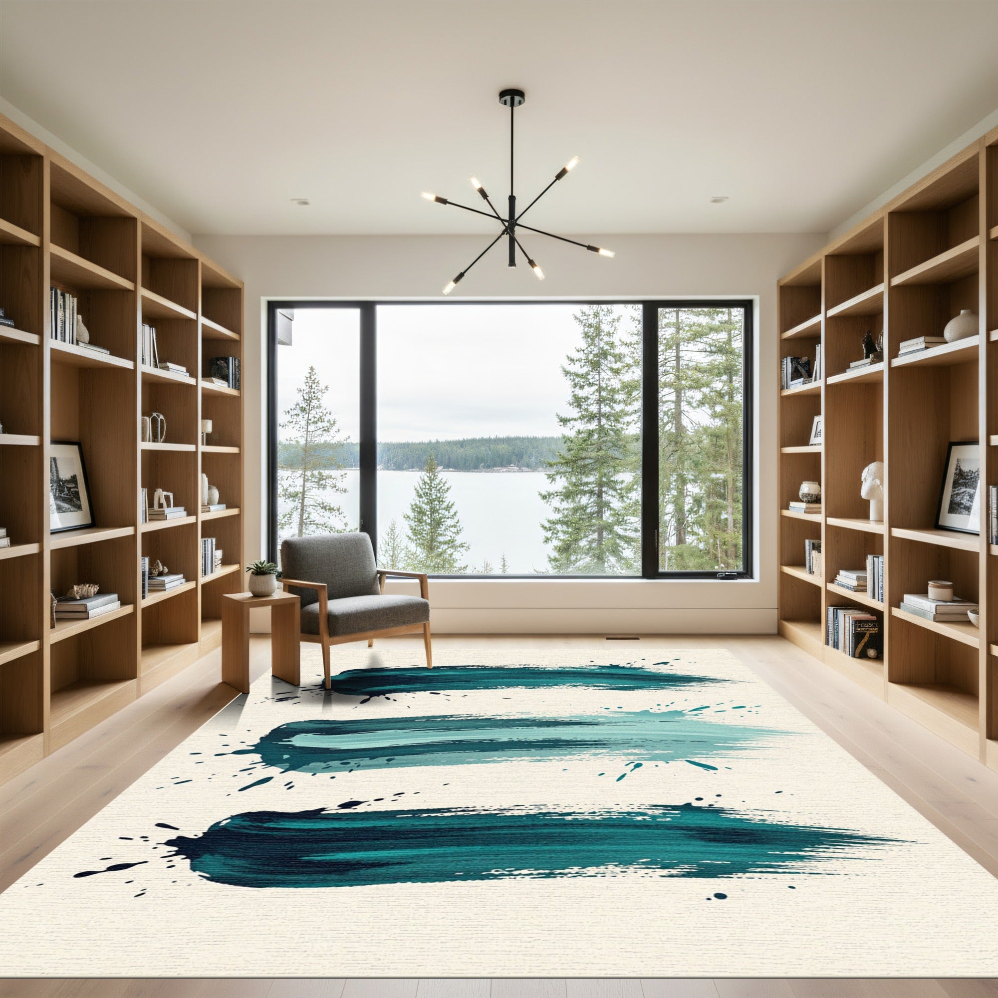 Teal Abstract Ink Brush Stroke Rug