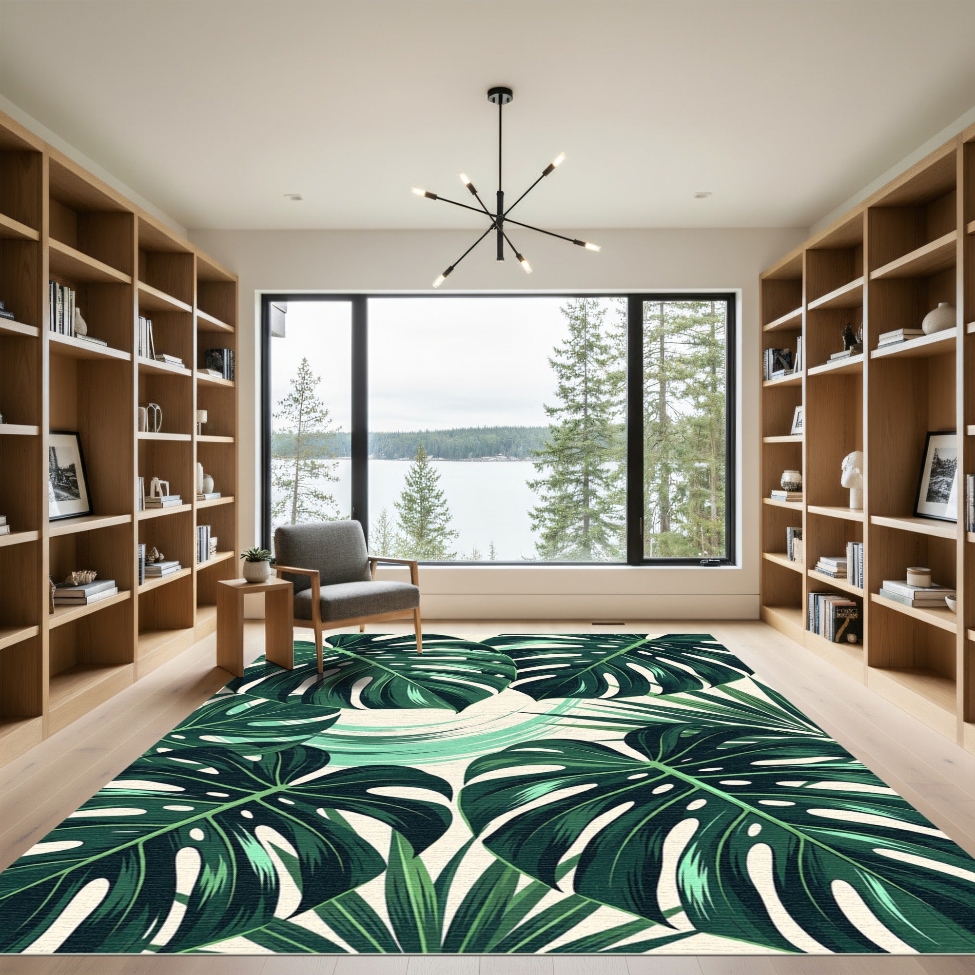 Lush Green Tropical Leaf Overlay Rug