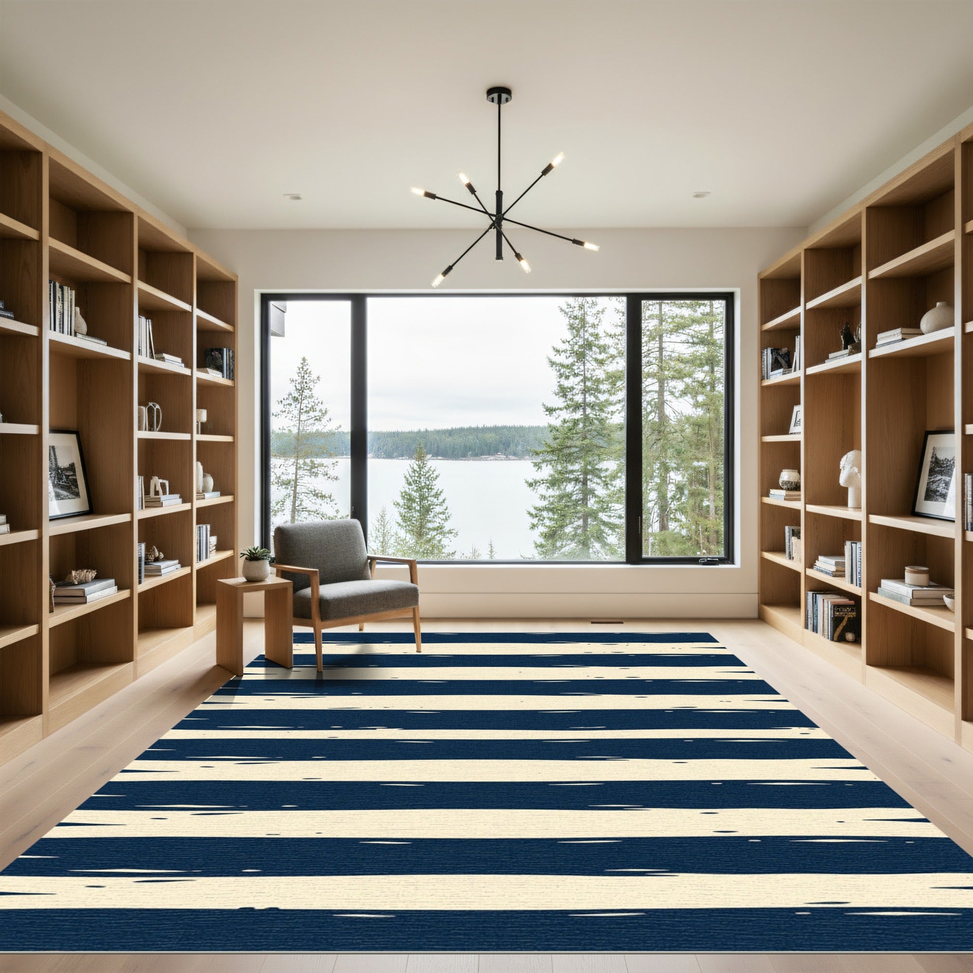 Navy Blue Hand Brushed Linear Stripes Rug