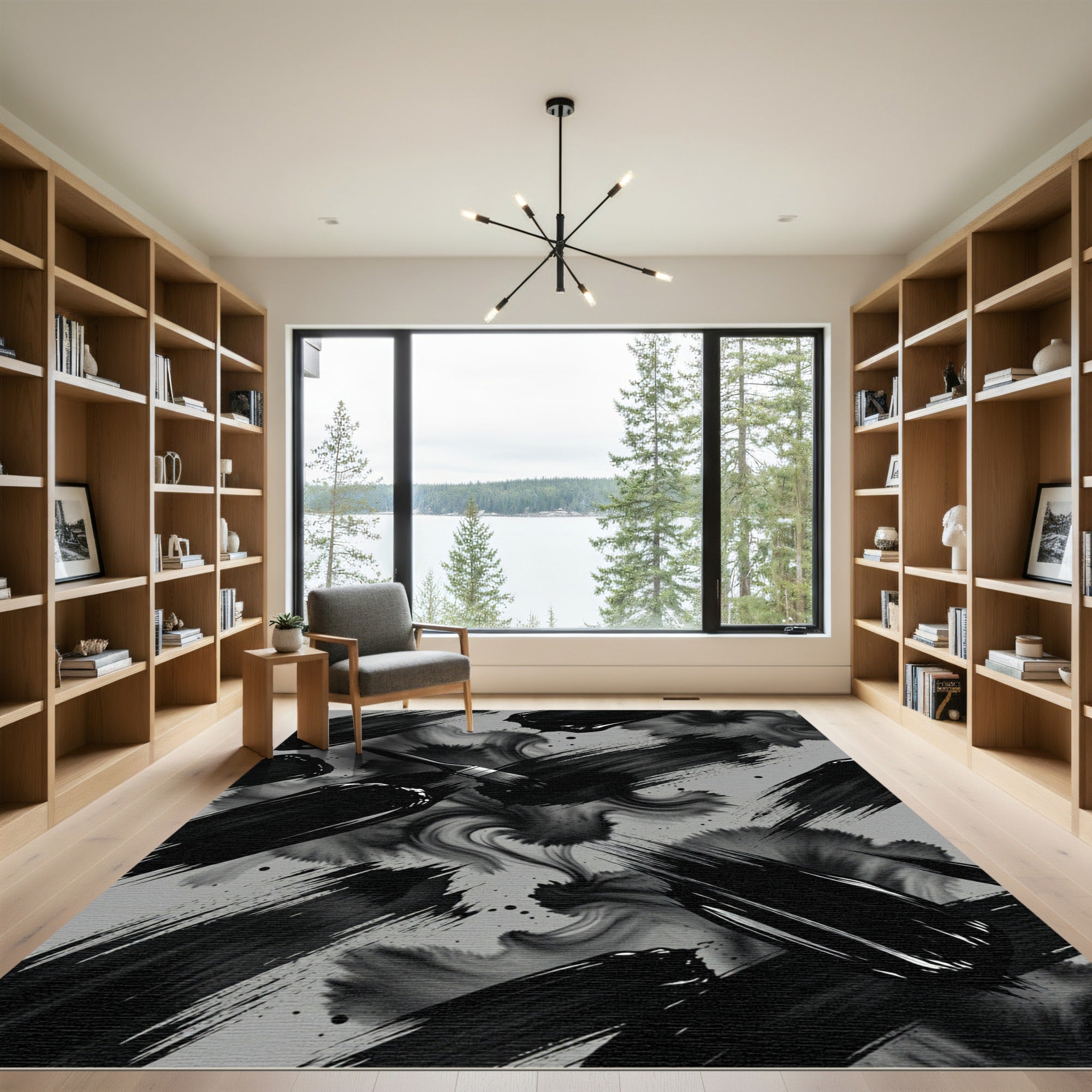 Monochrome Abstract Black Ink Swirl Rug