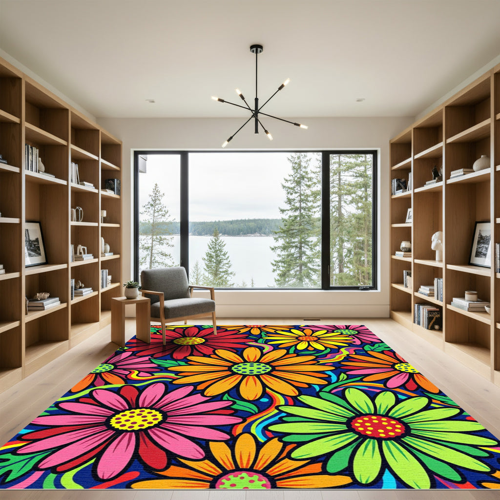 Vibrant Retro Psychedelic Floral Burst Rug