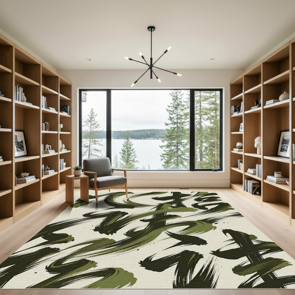 Abstract Olive Brushstrokes Rug