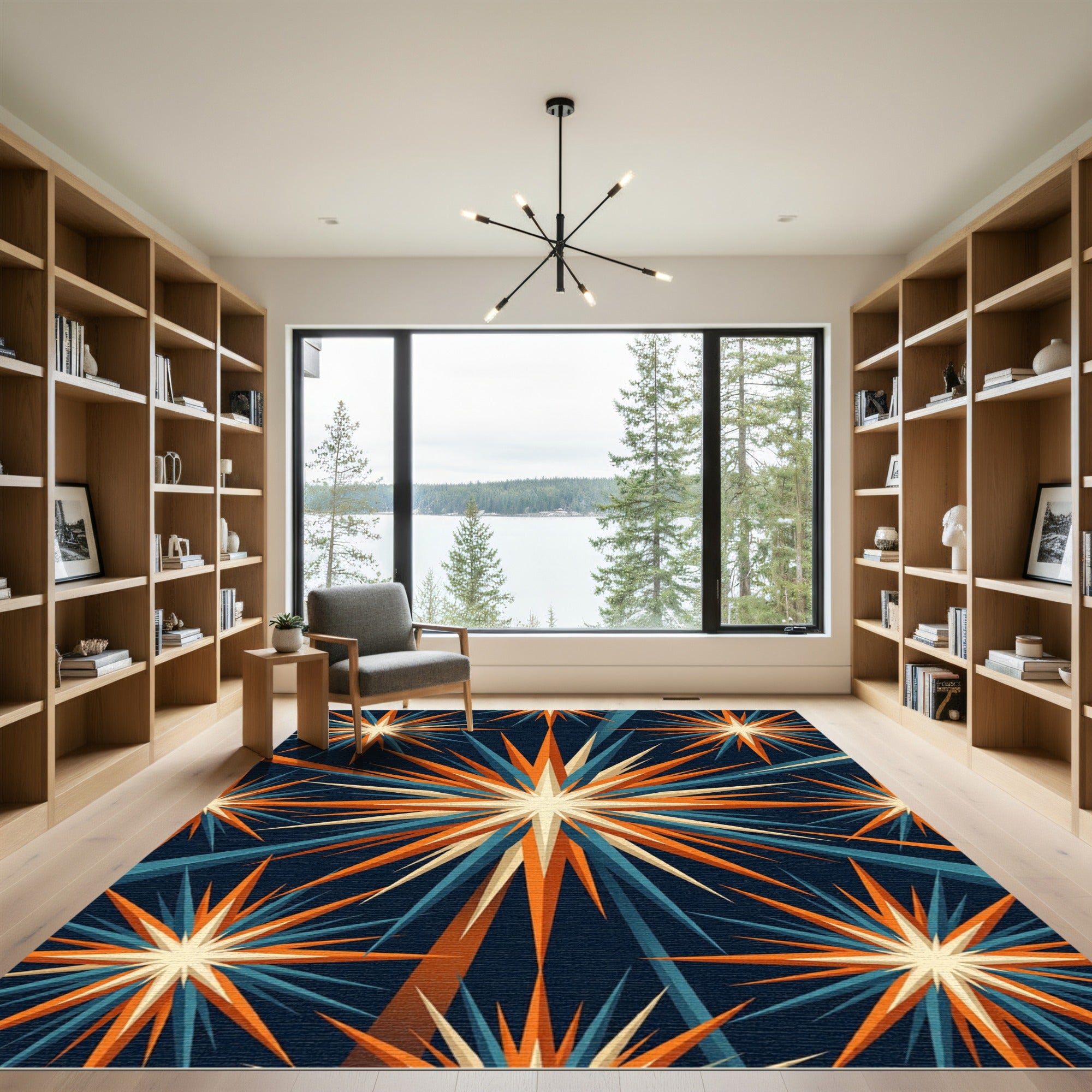 Mid Century Blue Orange Starburst Rug