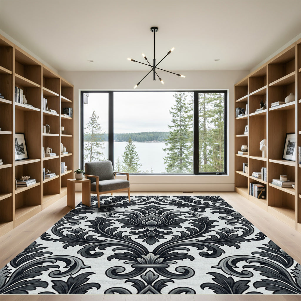 Ornate Charcoal Floral Damask Rug