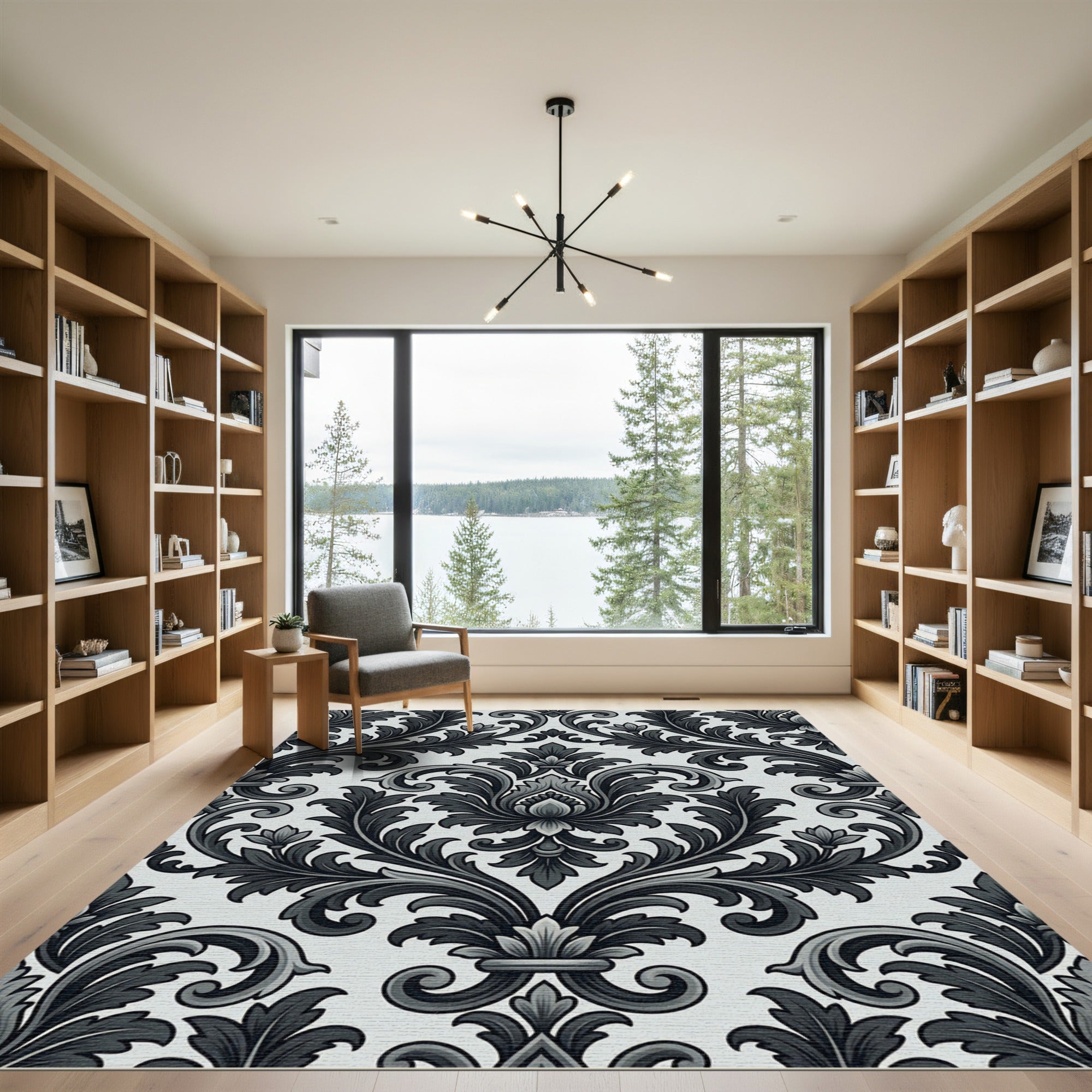 Ornate Charcoal Floral Damask Rug