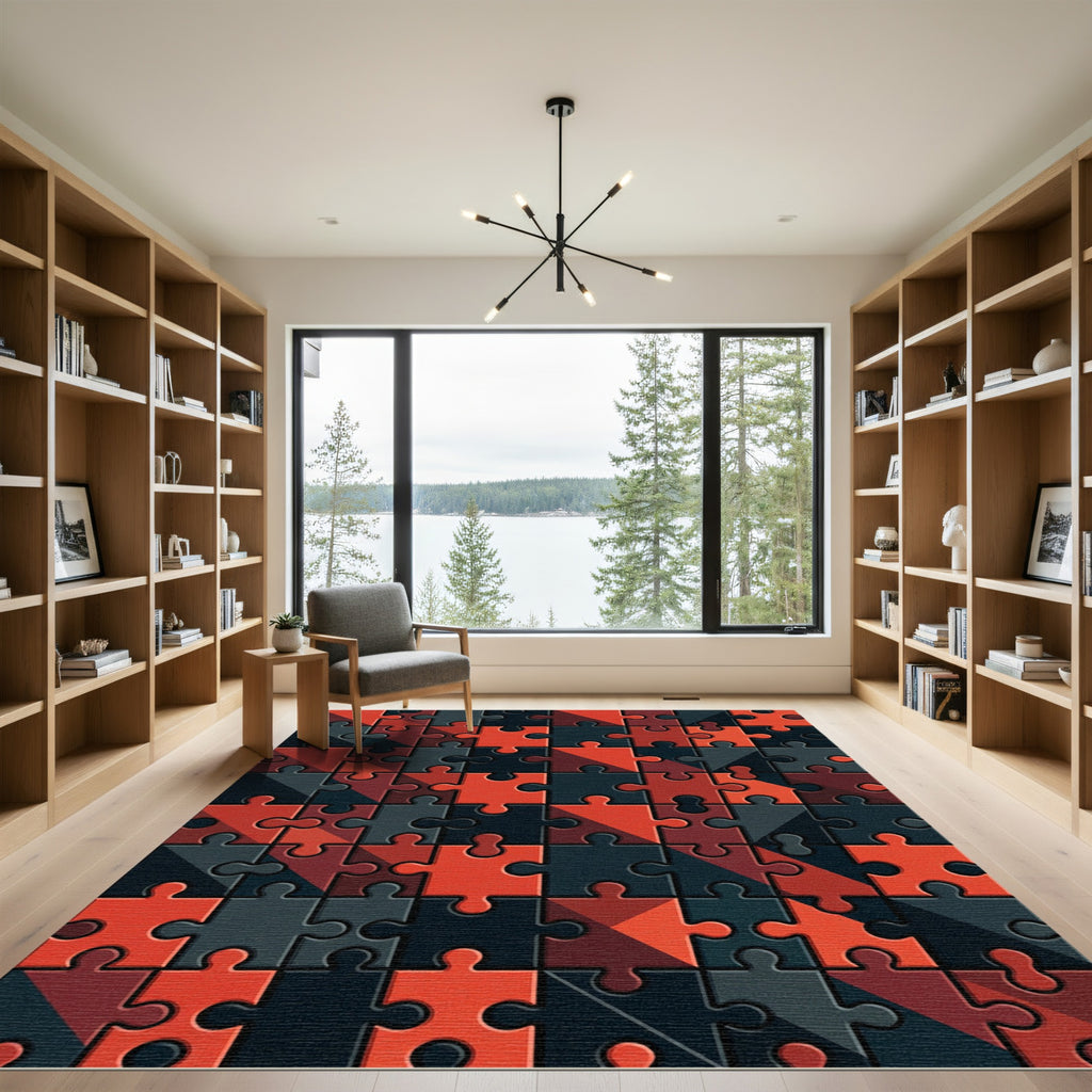 Geometric Puzzle Crimson Charcoal Abstract Rug