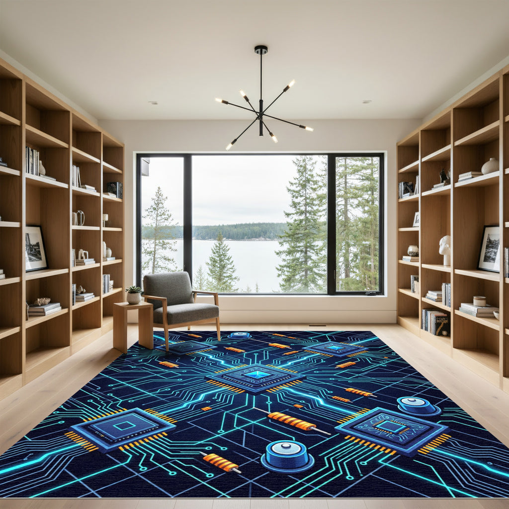 Neon Blue Circuitry Tech Grid Rug