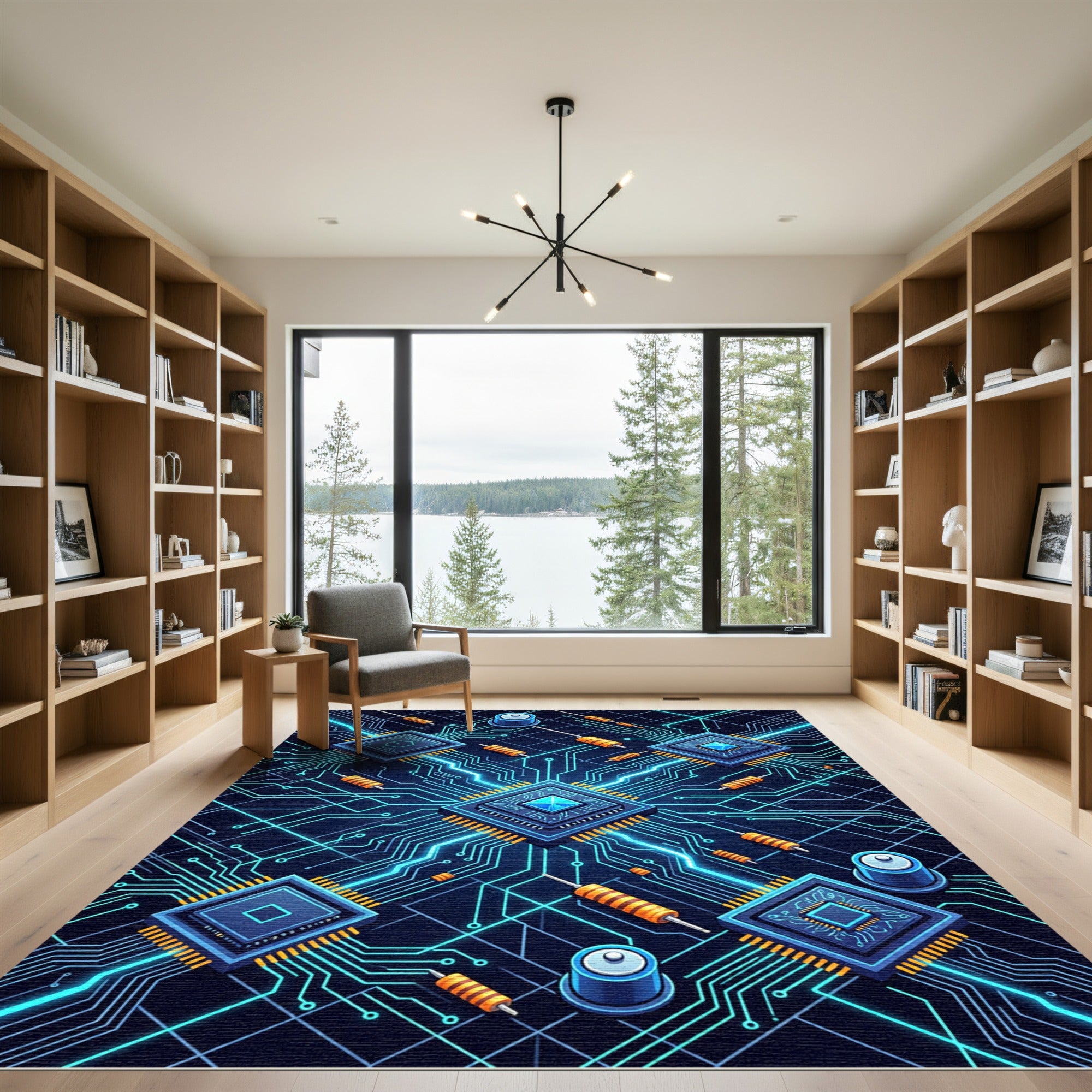 Neon Blue Circuitry Tech Grid Rug