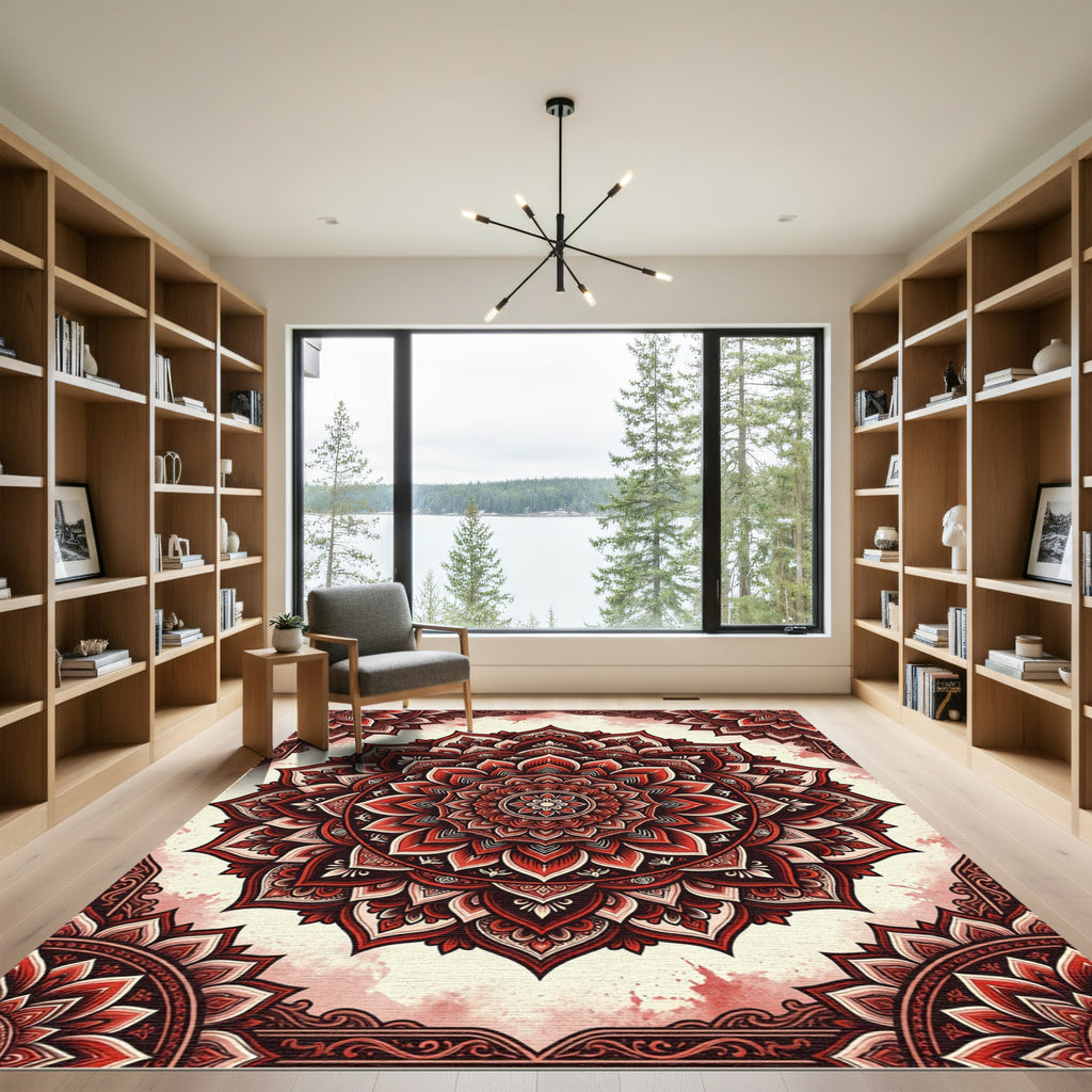 Ornate Crimson Mandala Floral Medallion Rug