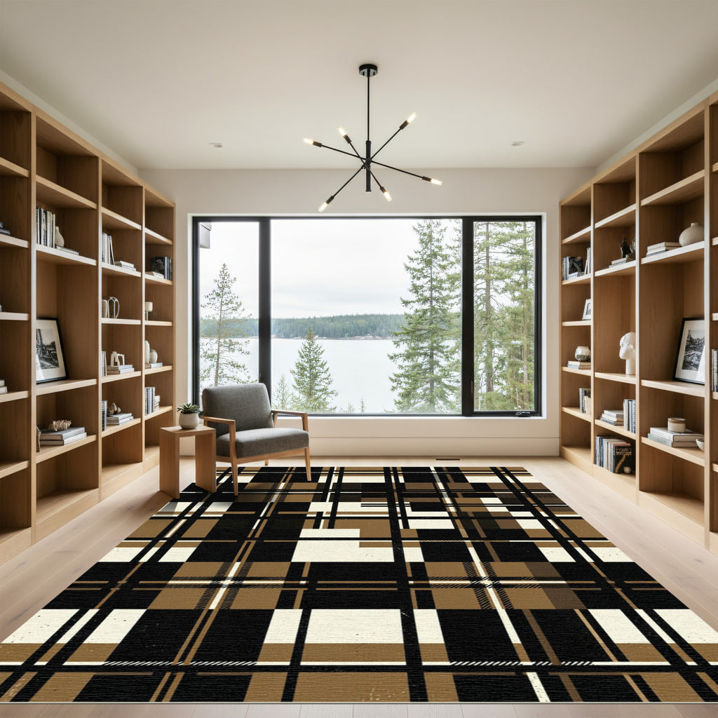 Minimalist Black and Tan Plaid Grid Rug