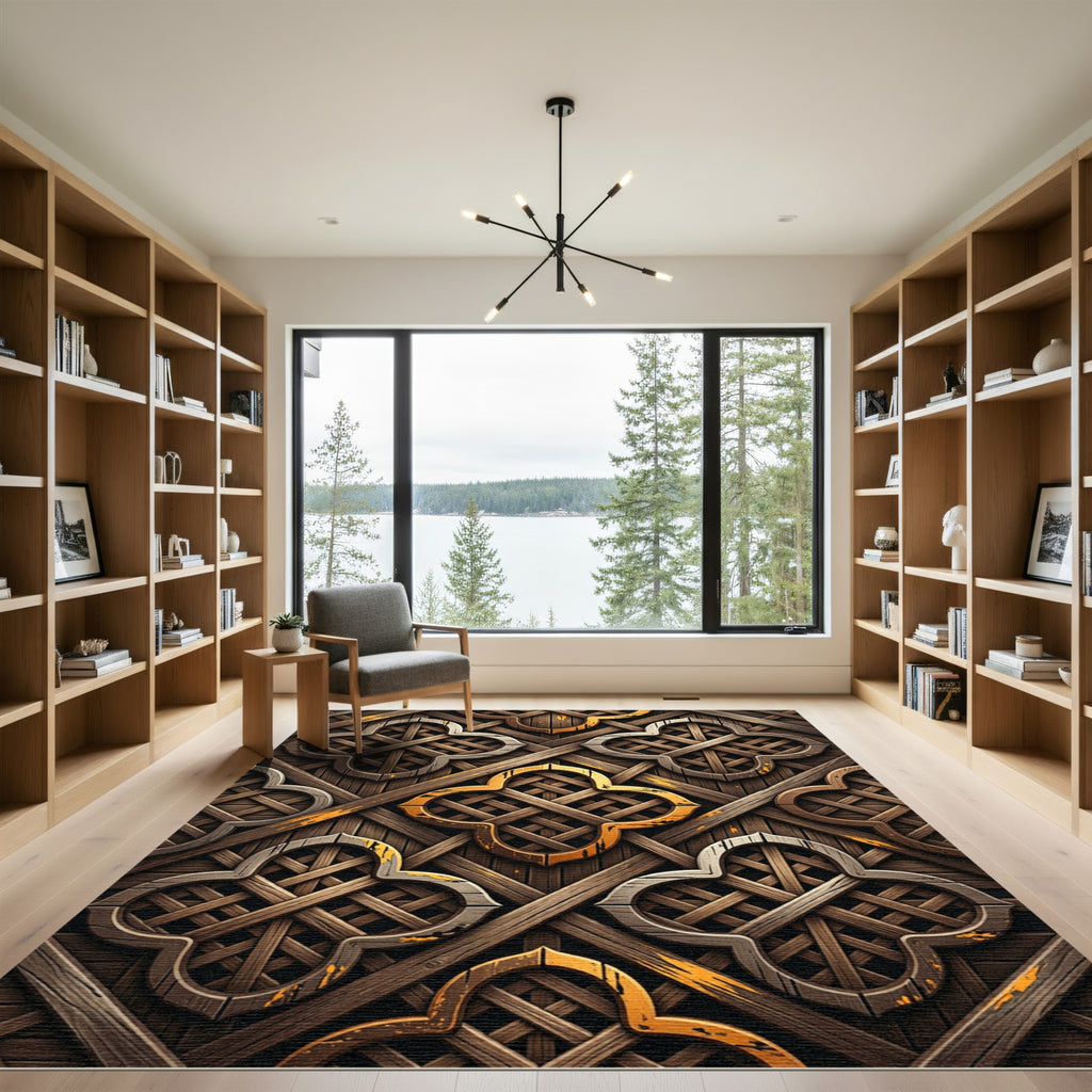 Rustic Brown Lattice Quatrefoil Geometric Rug