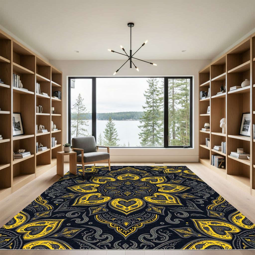 Golden Floral Medallion Black Mandala Rug