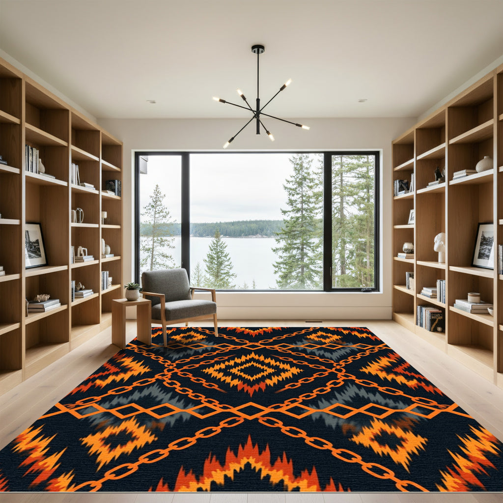 Bold Orange Geometric Chain Ikat Rug