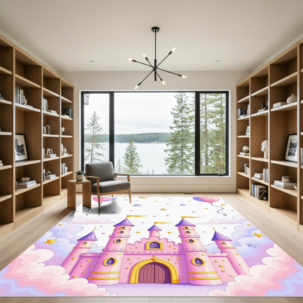 Pink Castle Clouds Stars Balloons Rug