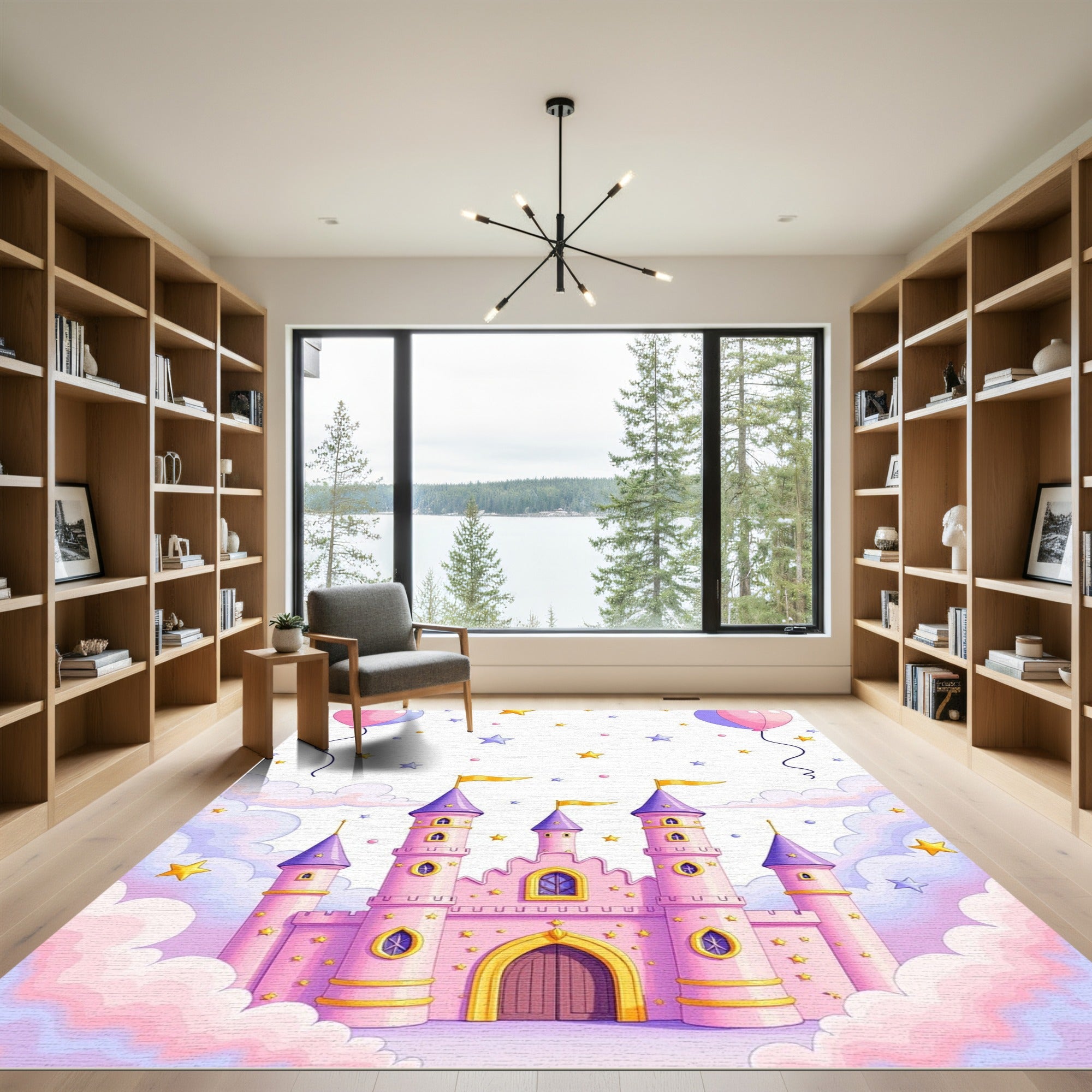 Pink Castle Clouds Stars Balloons Rug