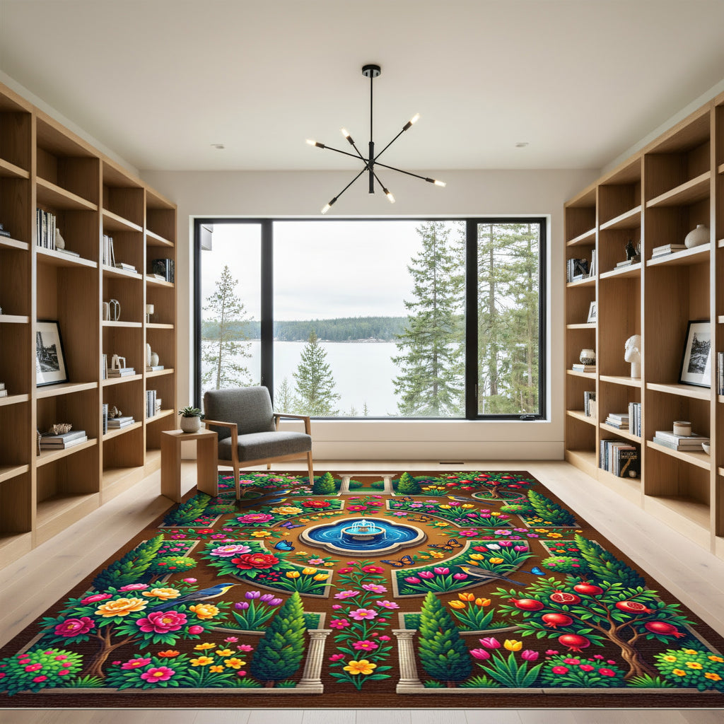 Vibrant Floral Garden with Hummingbirds and Butterflies Rug