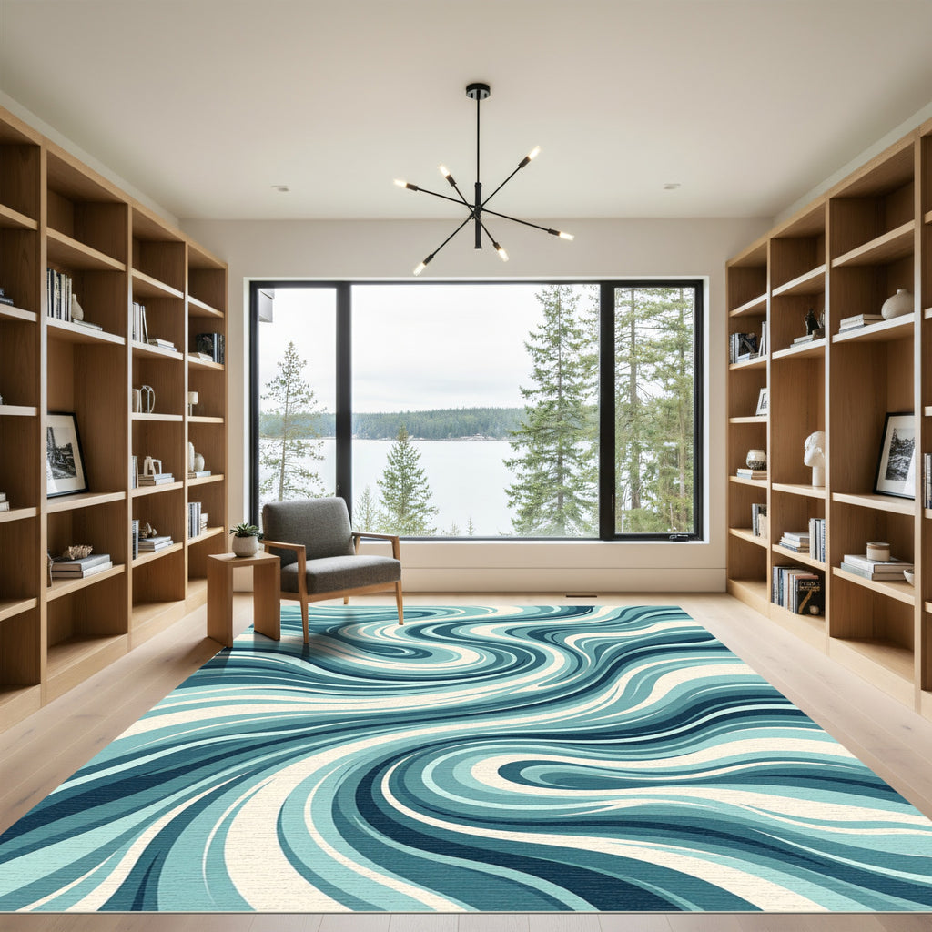 Fluid Ocean Wave Abstract Teal Swirl Rug