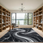 Dramatic Black White Marble Swirl Rug