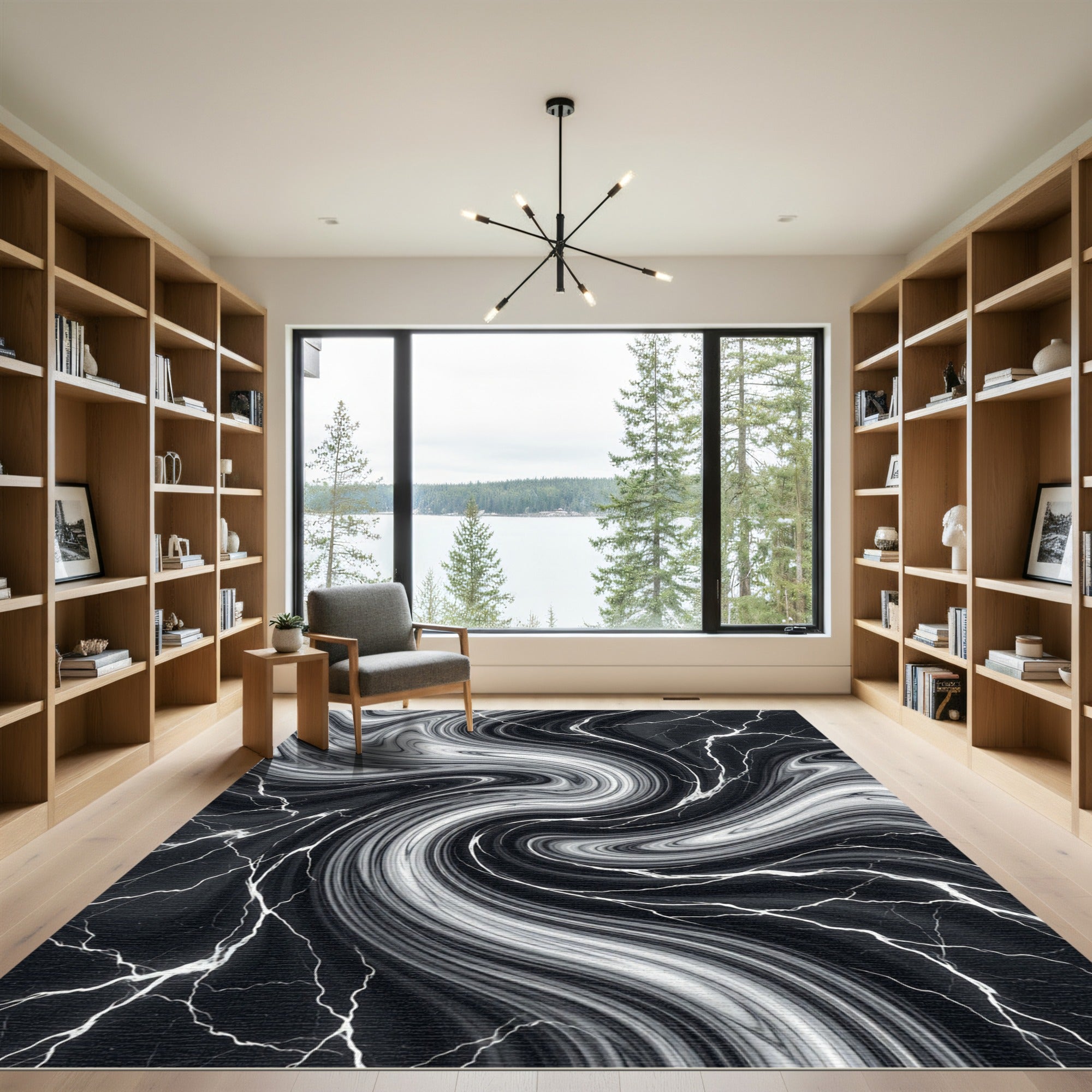 Dramatic Black White Marble Swirl Rug