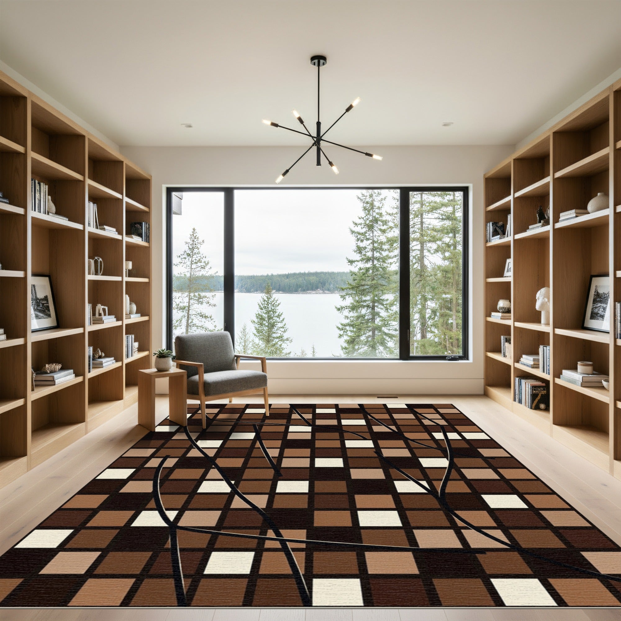 Abstract Earthy Brown Geometric Grid Rug