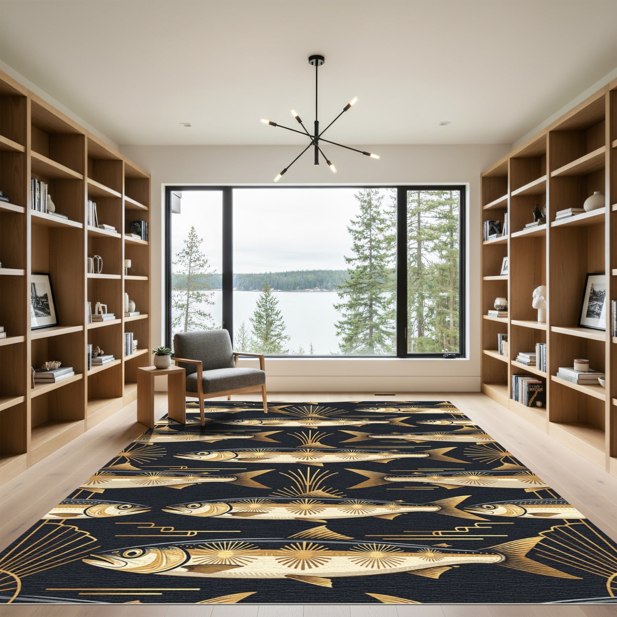 Art Deco Gold Fish Midnight Crest Rug