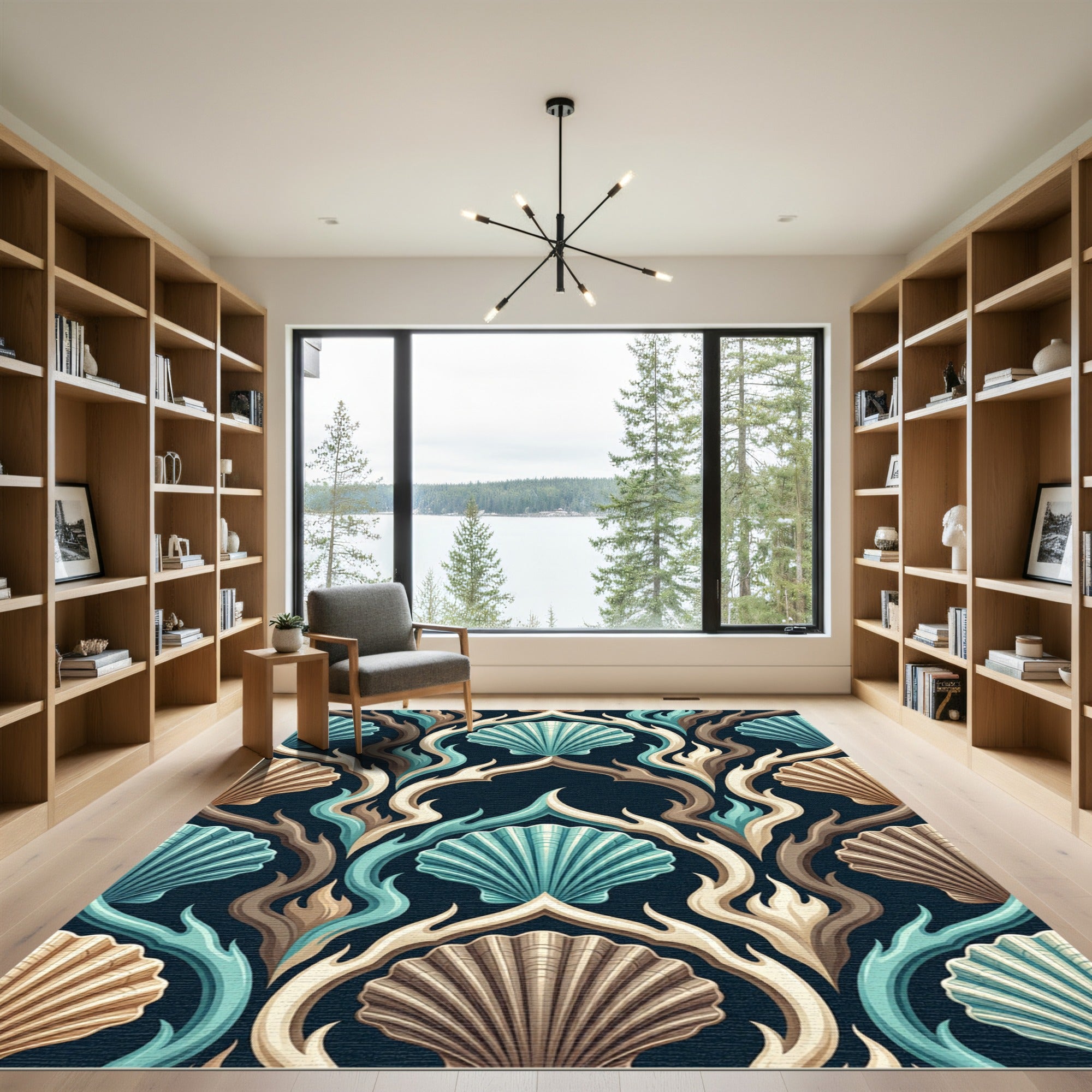 Coastal Teal and Bronze Shell Art Deco Rug