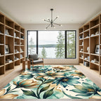 Watercolor Teal and Beige Floral Meadow Rug